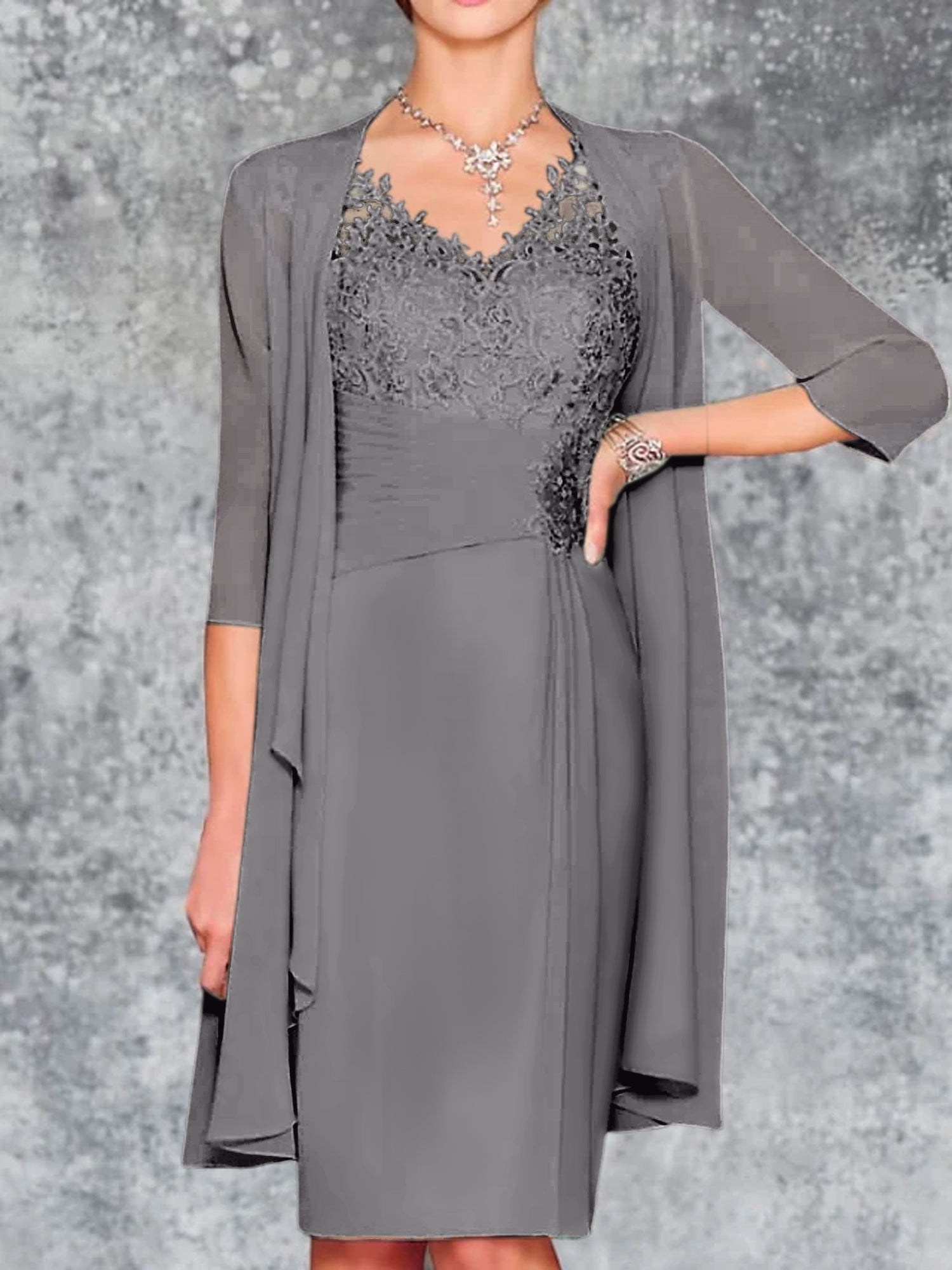 Knee-Length V-Neck Sheath/Column Mother of the Bride Dresses-LLELLA