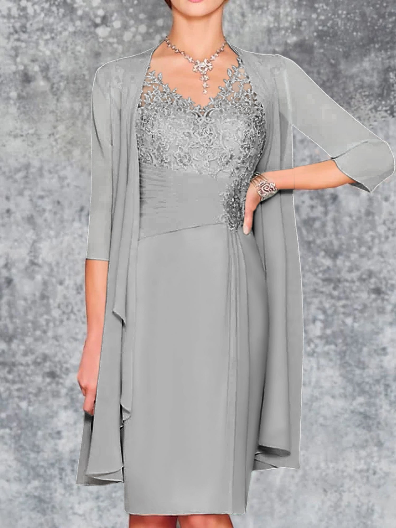 Knee-Length V-Neck Sheath/Column Mother of the Bride Dresses-LLELLA