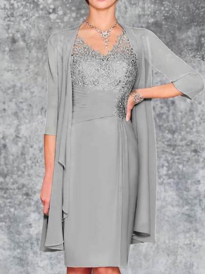 Knee-Length V-Neck Sheath/Column Mother of the Bride Dresses-LLELLA
