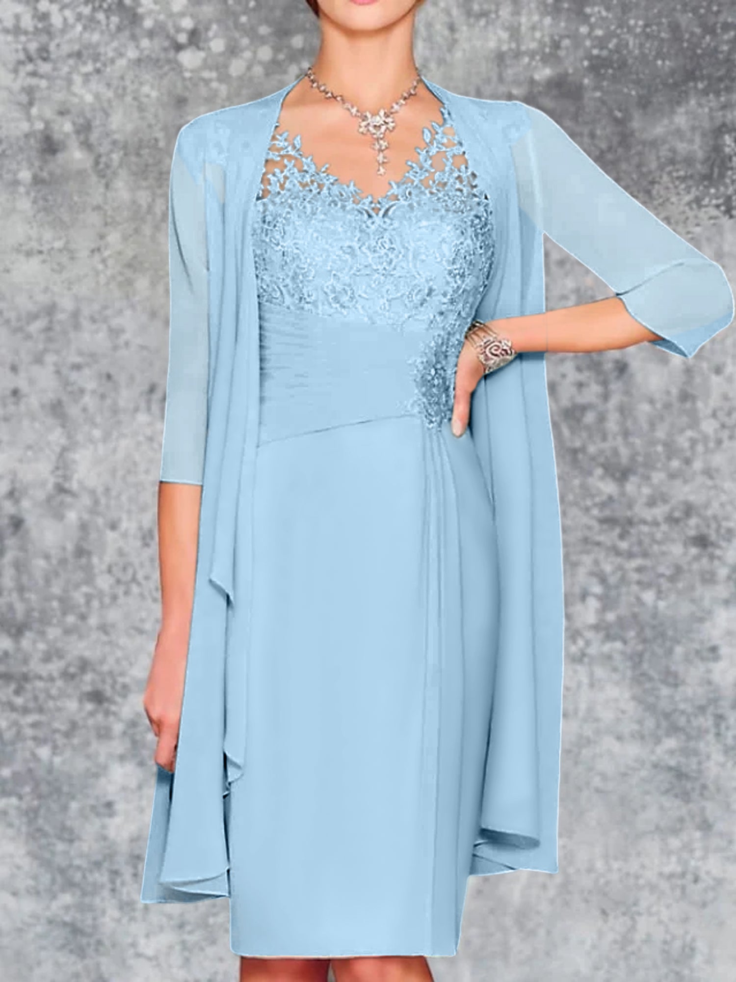 Knee-Length V-Neck Sheath/Column Mother of the Bride Dresses-LLELLA