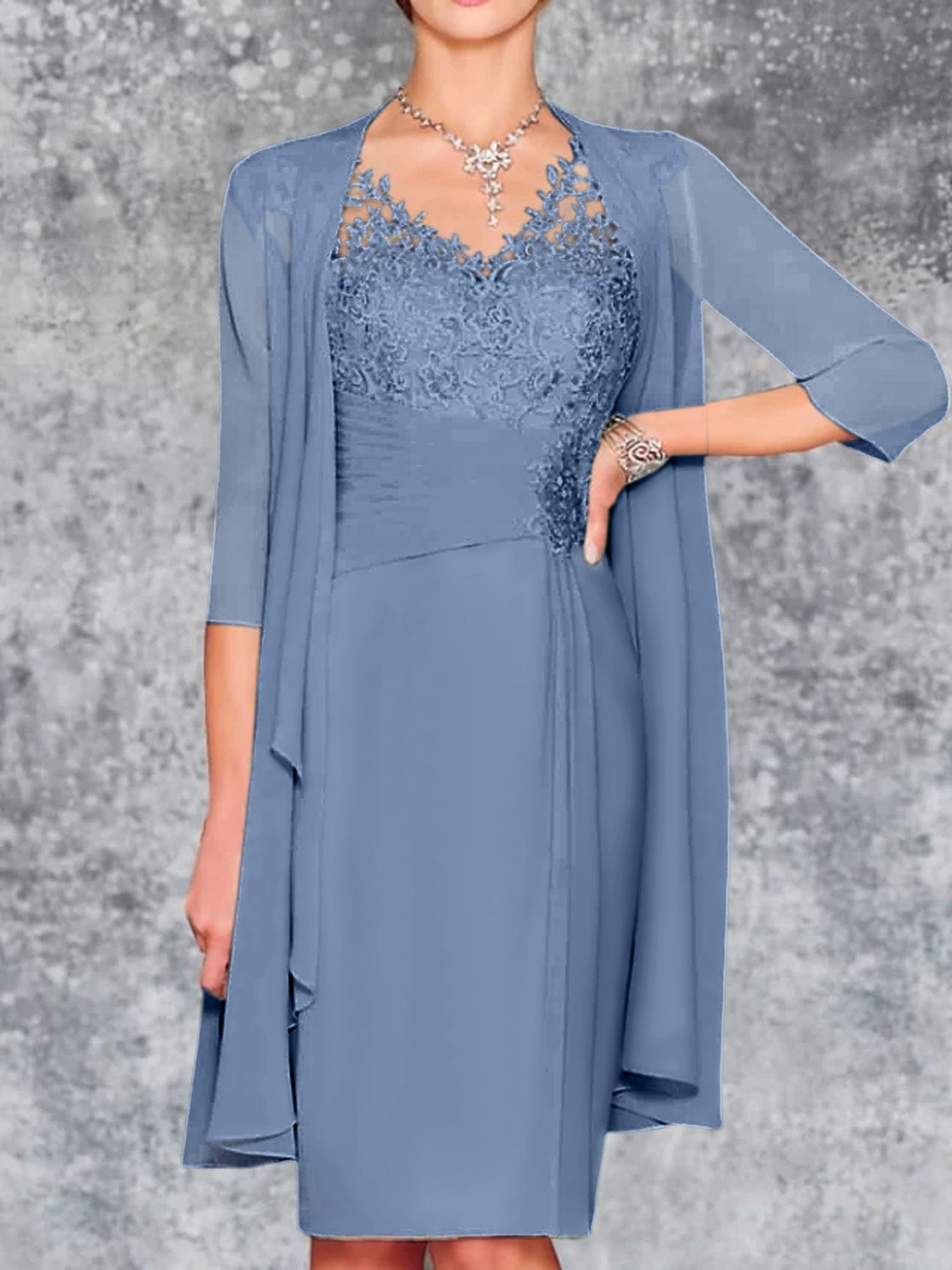 Knee-Length V-Neck Sheath/Column Mother of the Bride Dresses-LLELLA