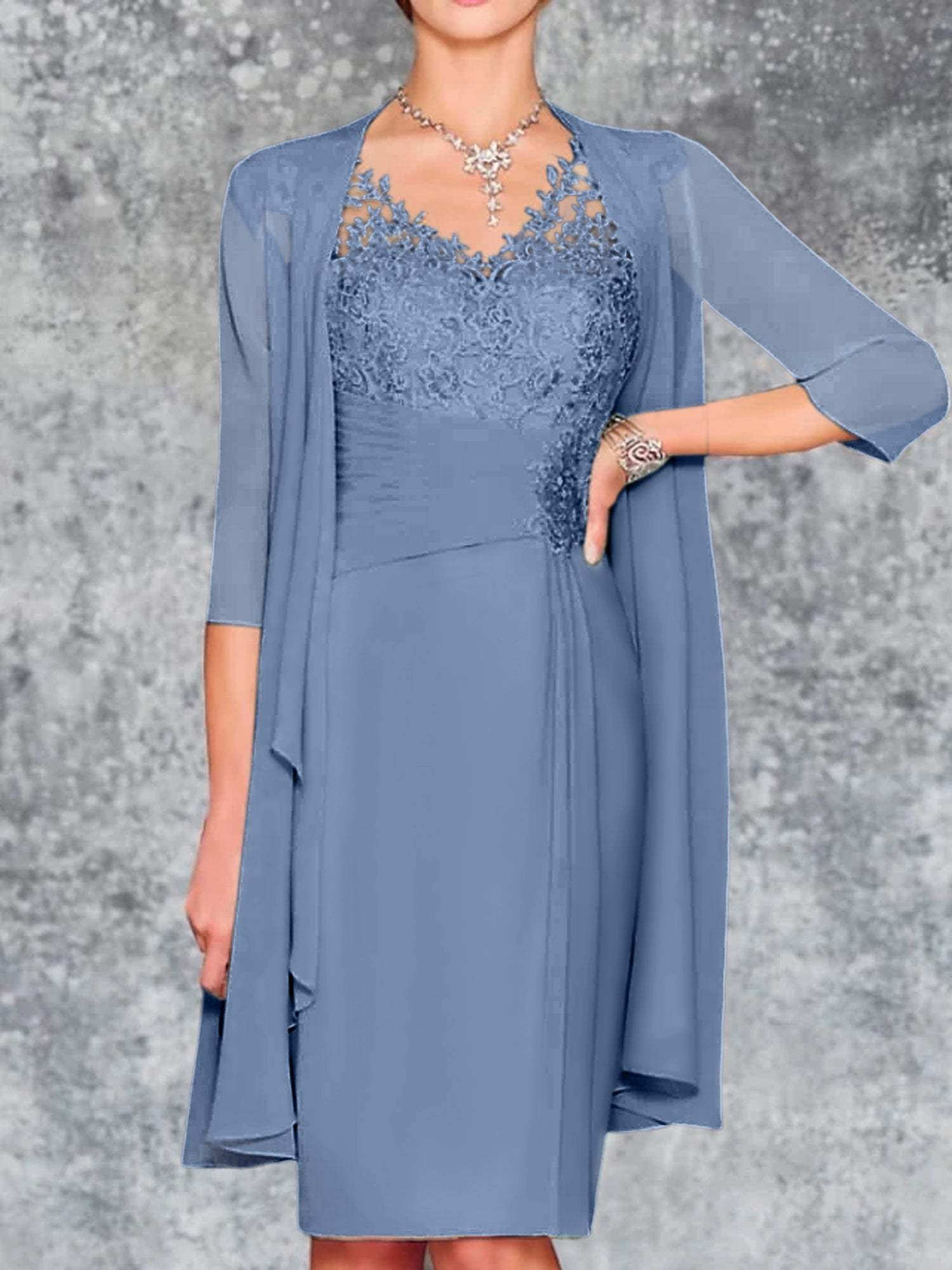 Knee-Length V-Neck Sheath/Column Mother of the Bride Dresses-LLELLA