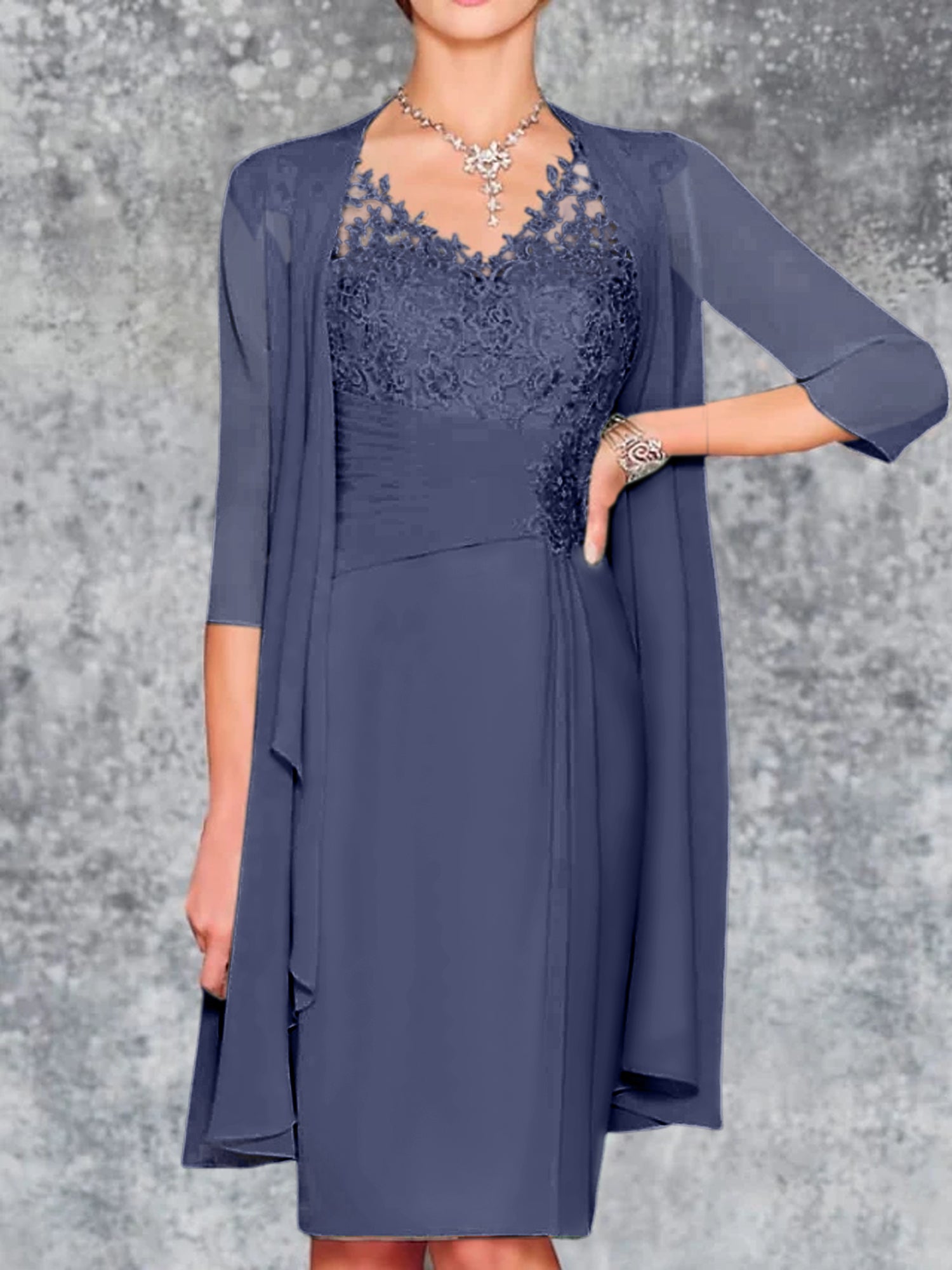 Knee-Length V-Neck Sheath/Column Mother of the Bride Dresses-LLELLA