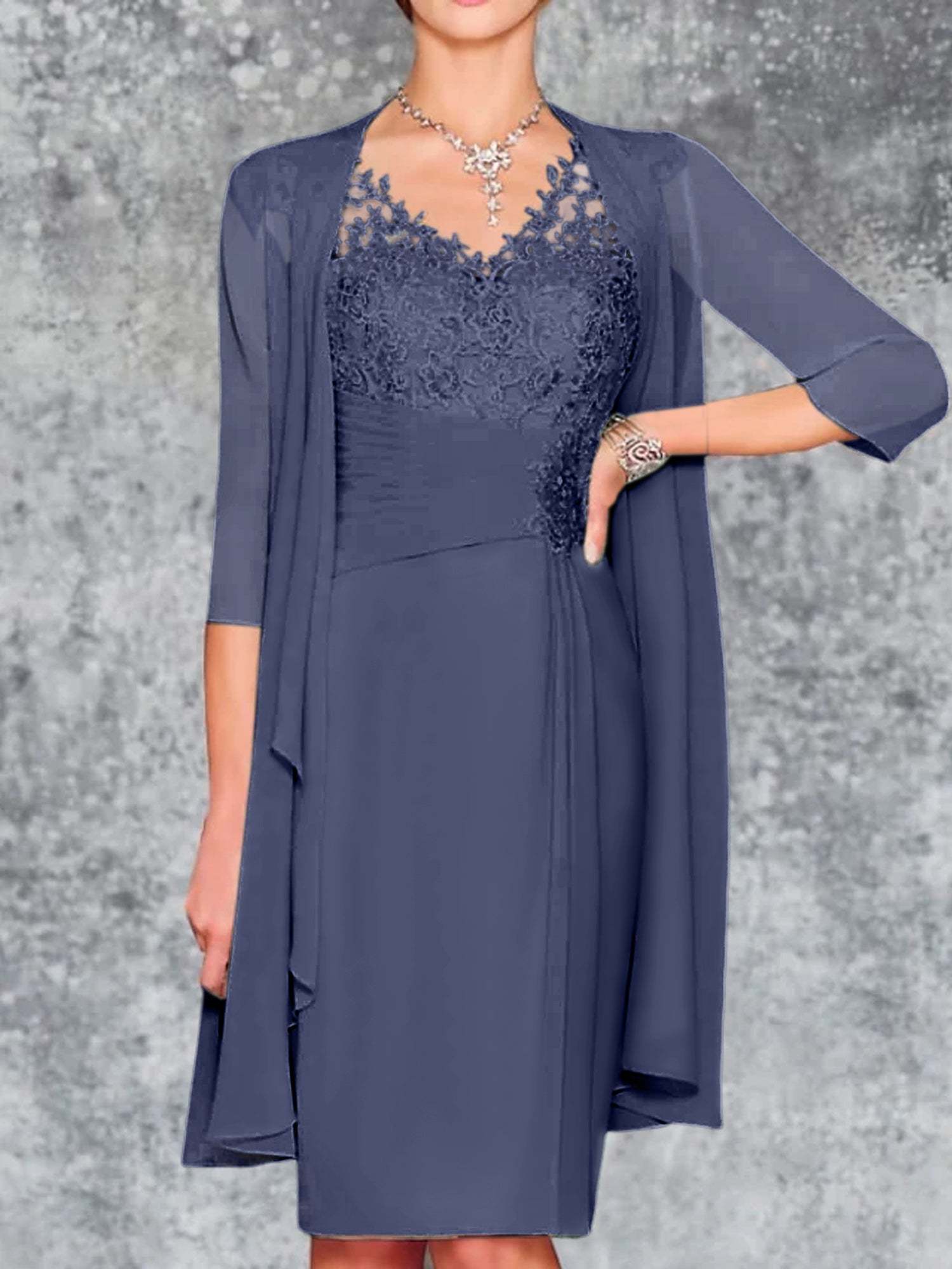 Knee-Length V-Neck Sheath/Column Mother of the Bride Dresses-LLELLA