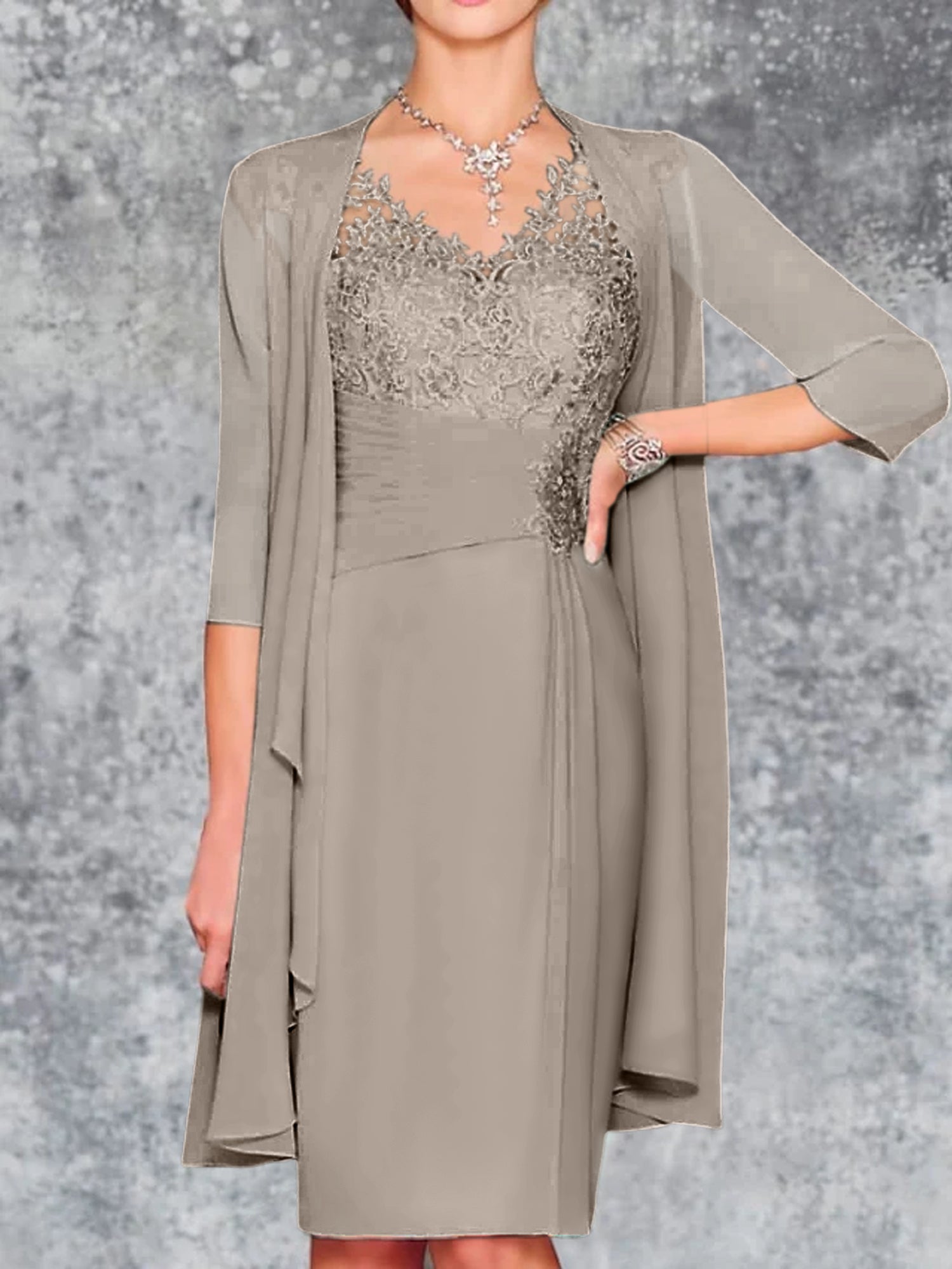 Knee-Length V-Neck Sheath/Column Mother of the Bride Dresses-LLELLA