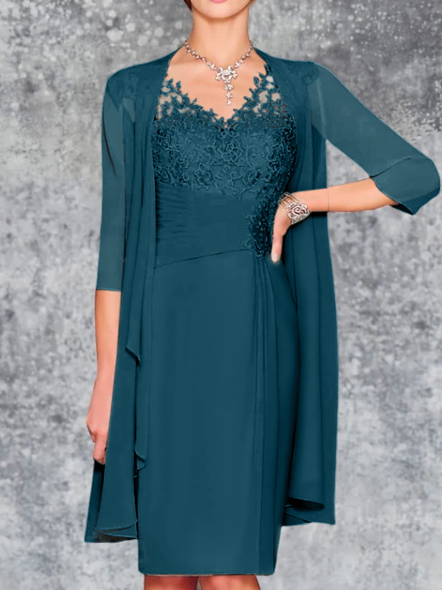 Knee-Length V-Neck Sheath/Column Mother of the Bride Dresses-LLELLA