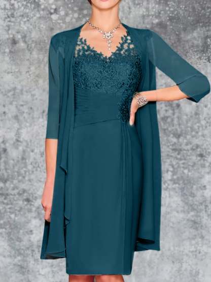 Knee-Length V-Neck Sheath/Column Mother of the Bride Dresses-LLELLA