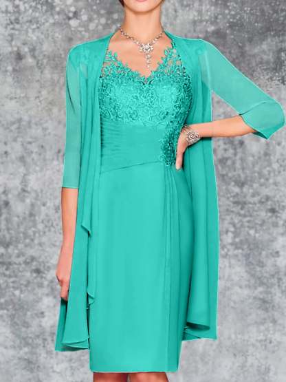 Knee-Length V-Neck Sheath/Column Mother of the Bride Dresses-LLELLA