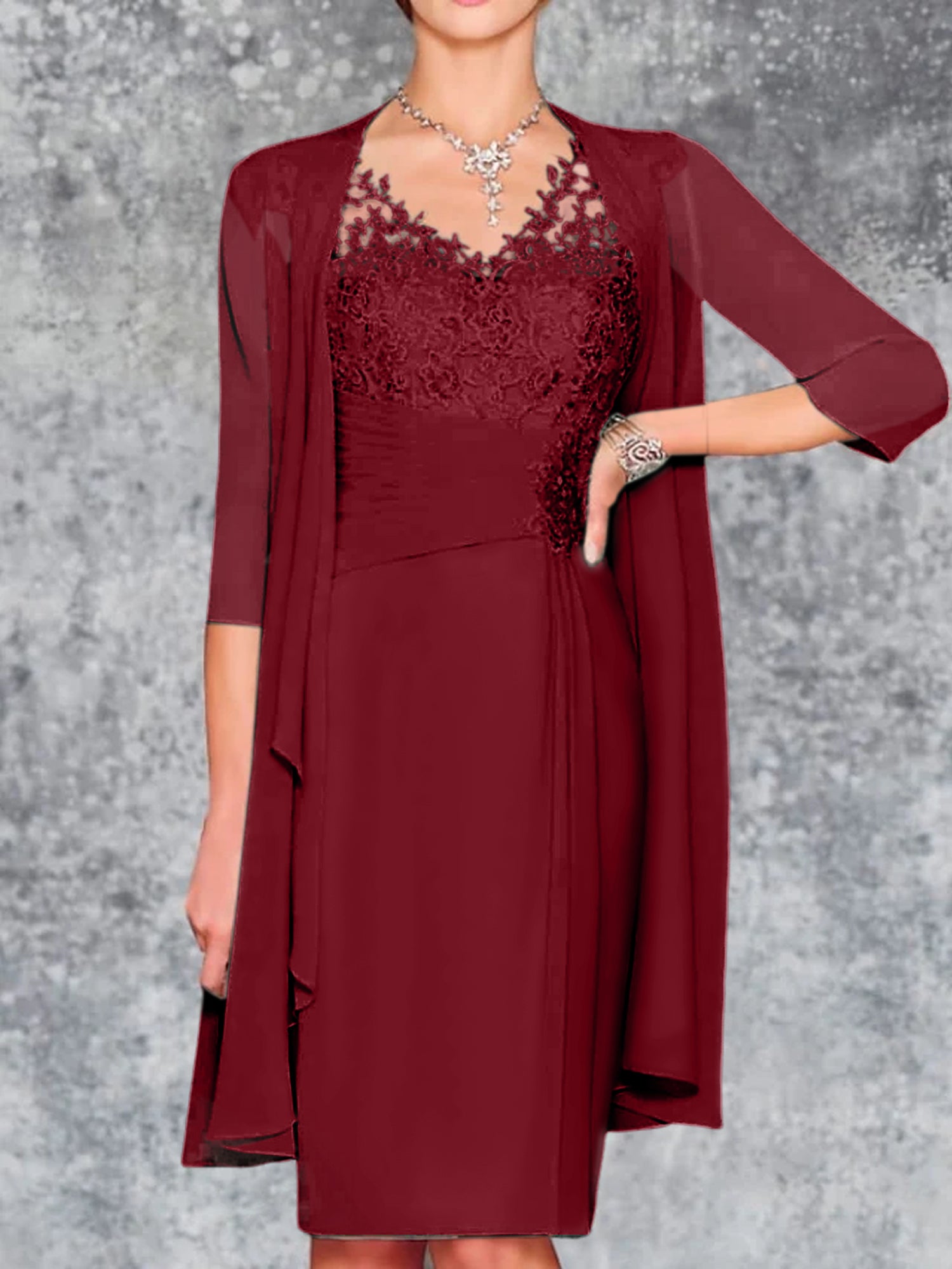 Knee-Length V-Neck Sheath/Column Mother of the Bride Dresses-LLELLA