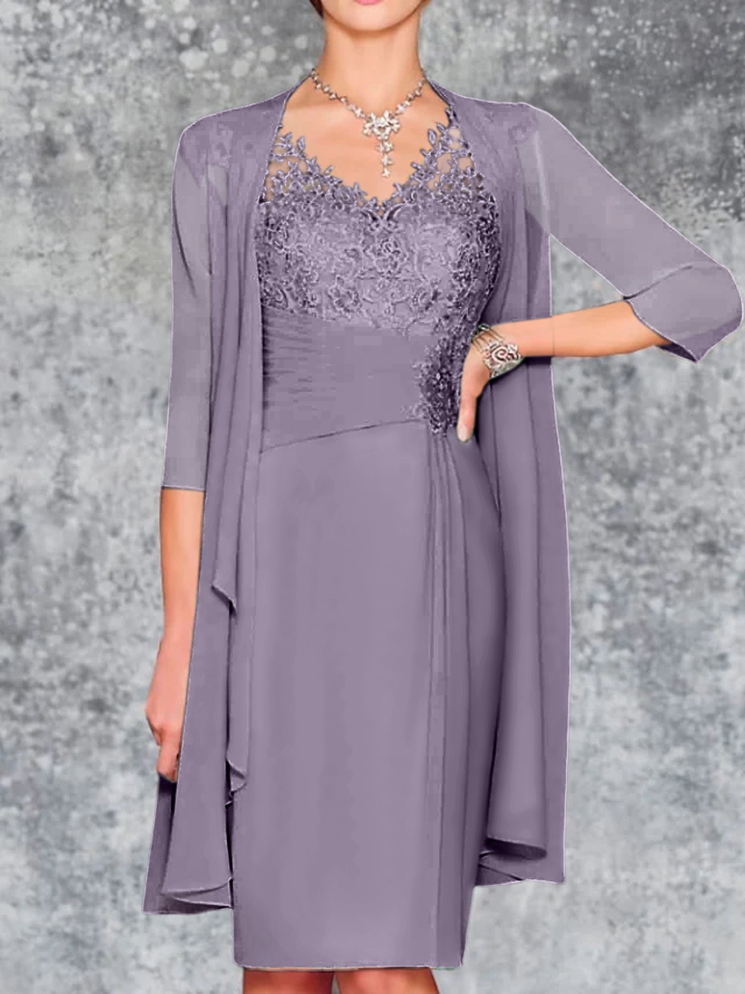 Knee-Length V-Neck Sheath/Column Mother of the Bride Dresses-LLELLA