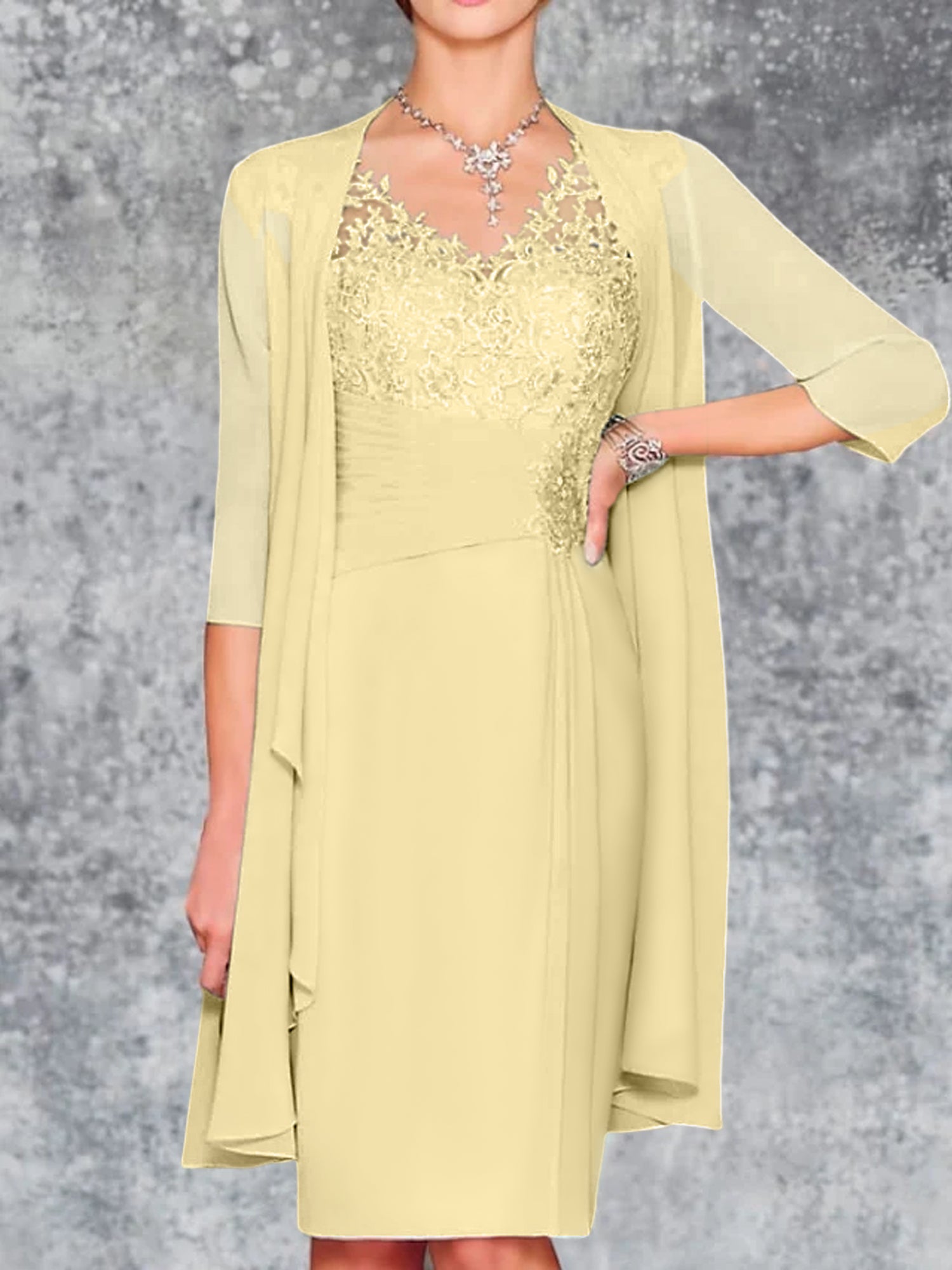 Knee-Length V-Neck Sheath/Column Mother of the Bride Dresses-LLELLA