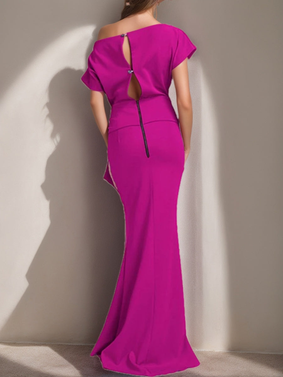 One-Shoulder Ruffled Floor-Length Trumpet Gown for the Mother of the Bride-LLELLA
