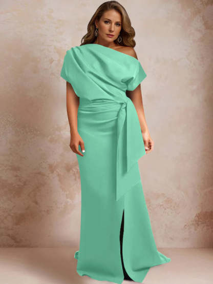 One-Shoulder Mermaid Trumpet Gown with Ruffles and Side Split for Plus-Size Mothers of the Bride