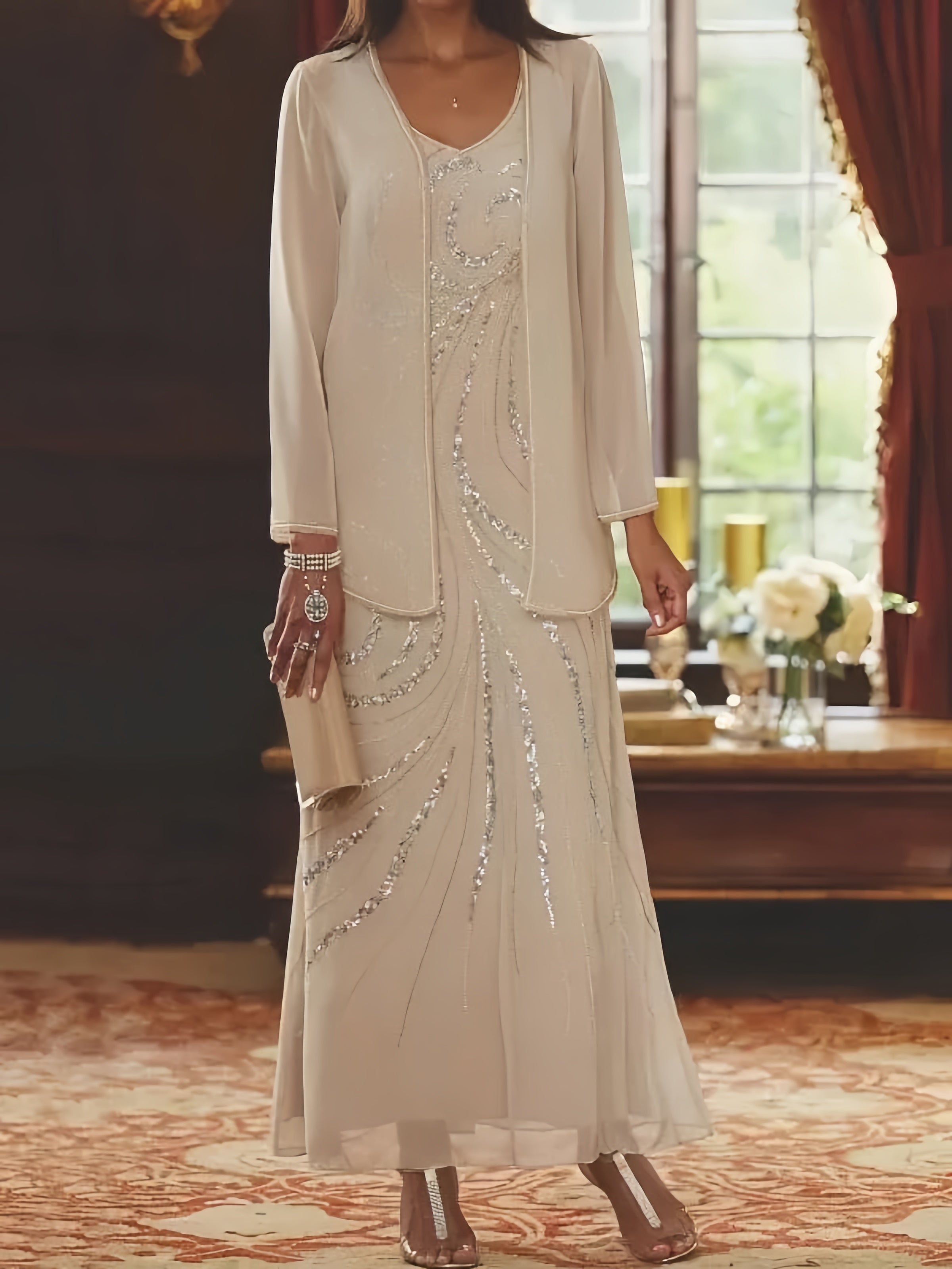 Jacketed Mother of the Bride & Groom Sheath/Column Dresses with Sequins-LLELLA