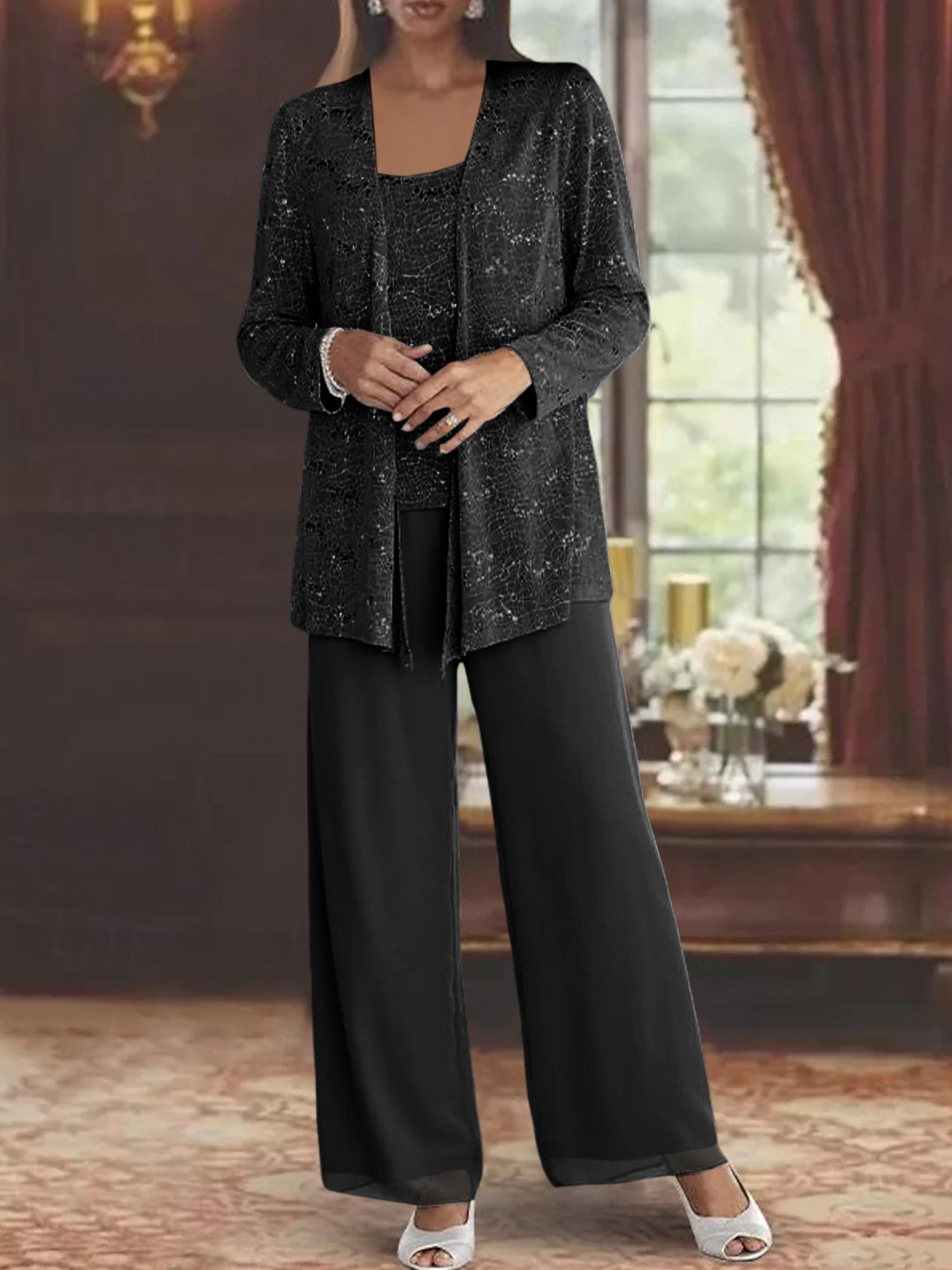 Sequined Chiffon Pantsuits for the Mother of the Bride with Jacket-LLELLA