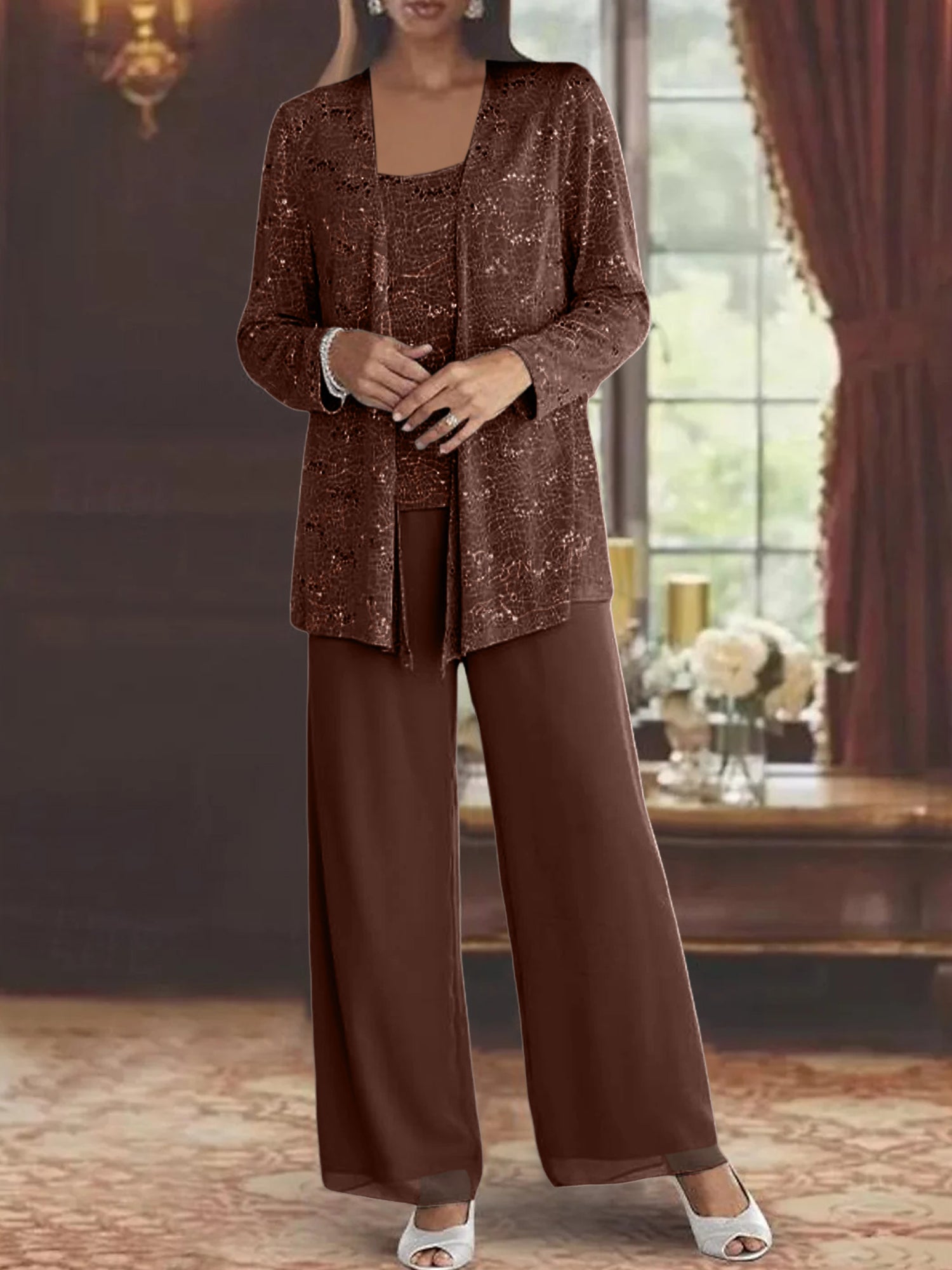 Sequined Chiffon Pantsuits for the Mother of the Bride with Jacket-LLELLA