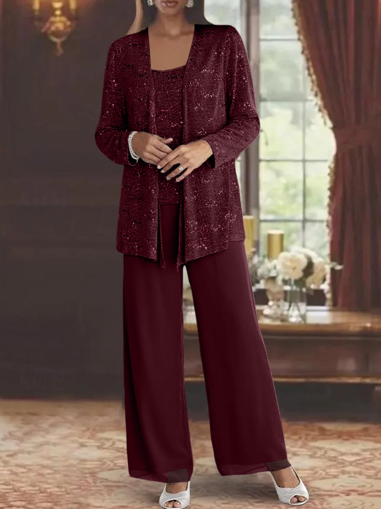 Sequined Chiffon Pantsuits for the Mother of the Bride with Jacket-LLELLA