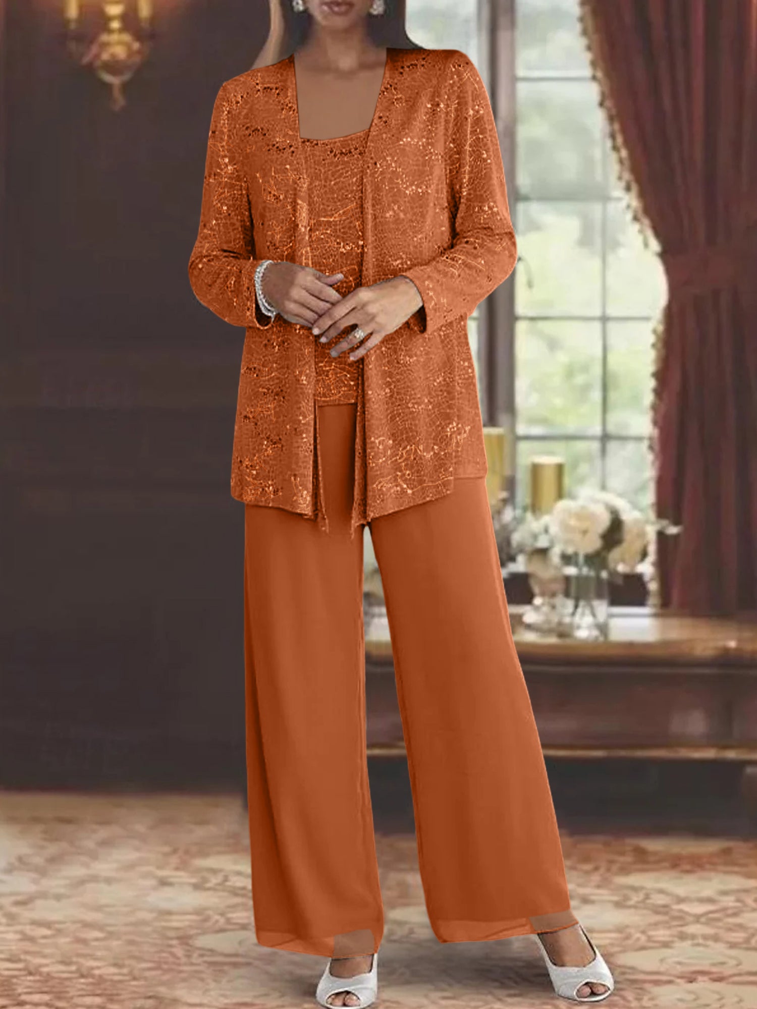 Sequined Chiffon Pantsuits for the Mother of the Bride with Jacket-LLELLA