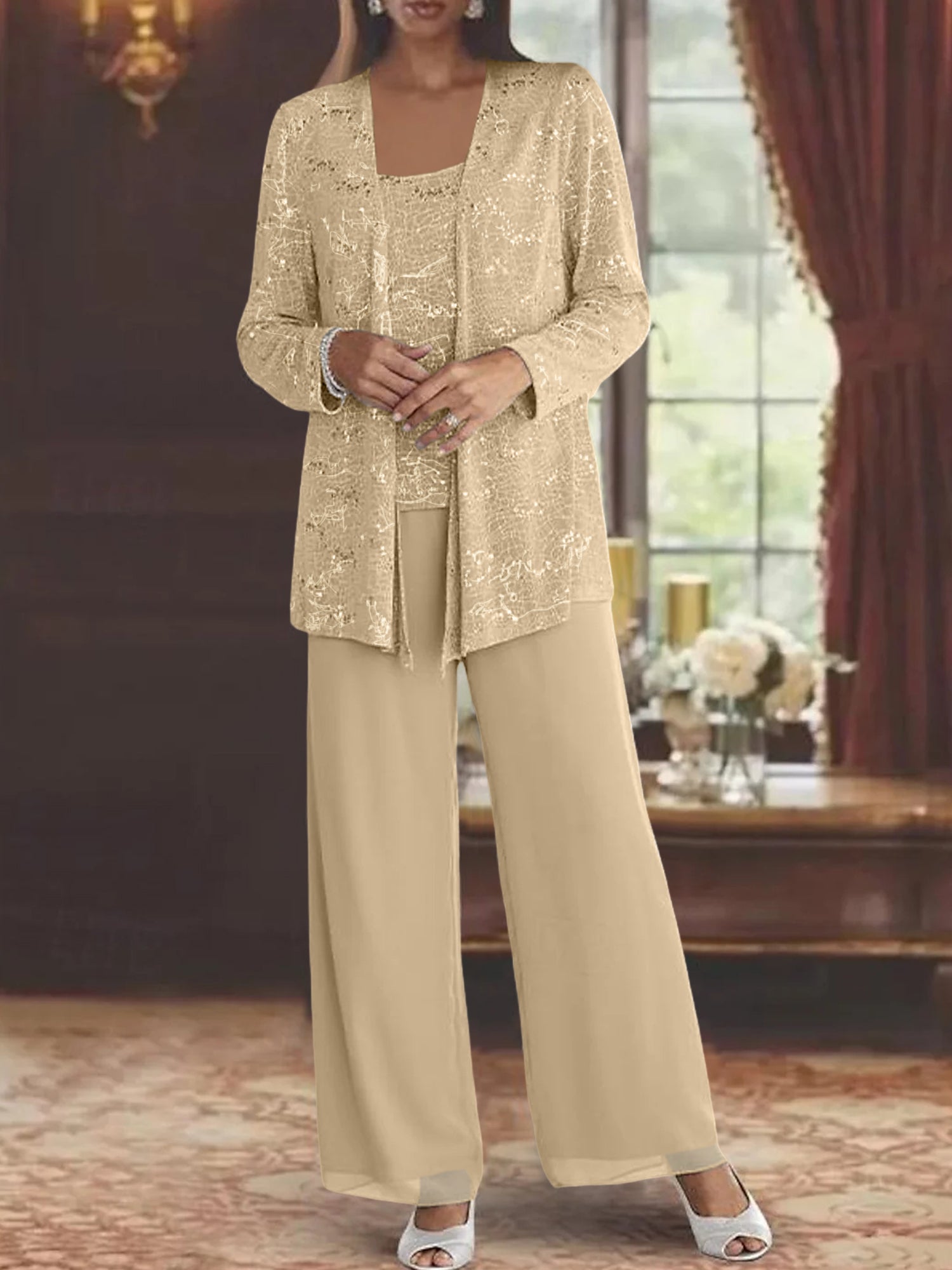 Sequined Chiffon Pantsuits for the Mother of the Bride with Jacket-LLELLA