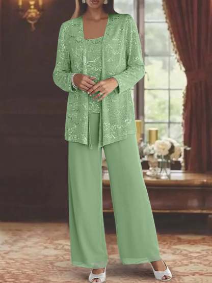 Sequined Chiffon Pantsuits for the Mother of the Bride with Jacket-LLELLA