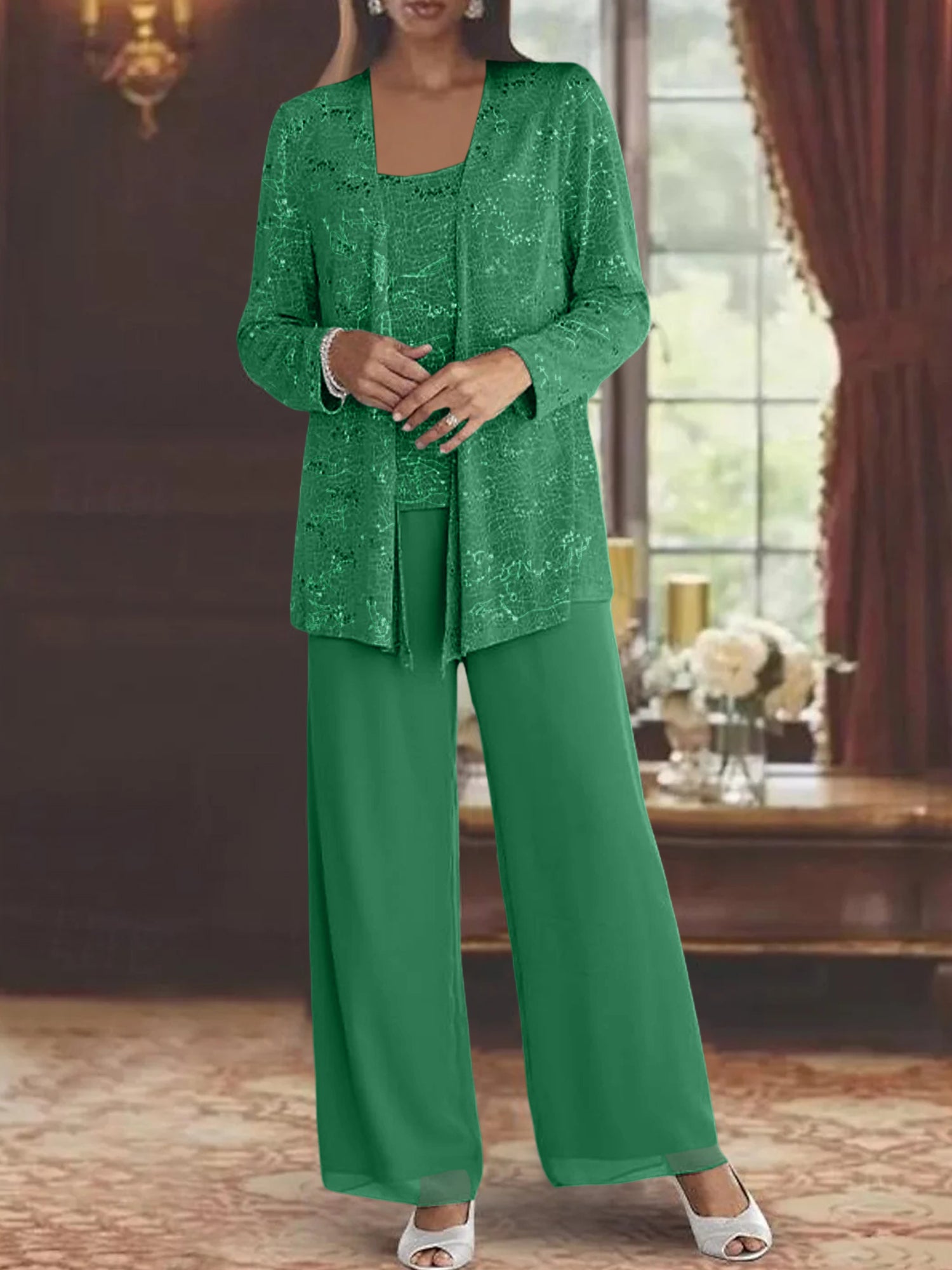 Sequined Chiffon Pantsuits for the Mother of the Bride with Jacket-LLELLA