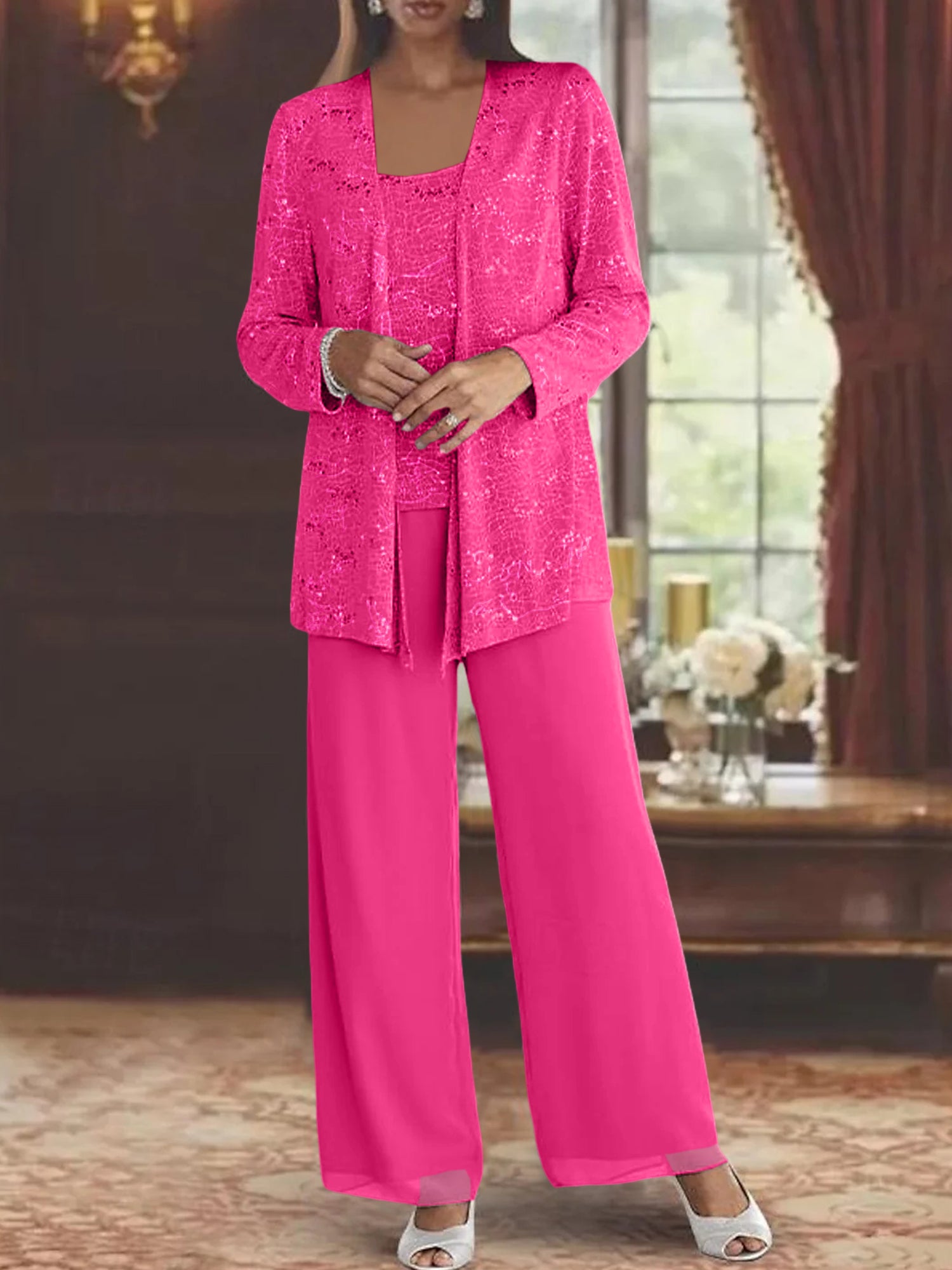 Sequined Chiffon Pantsuits for the Mother of the Bride with Jacket-LLELLA