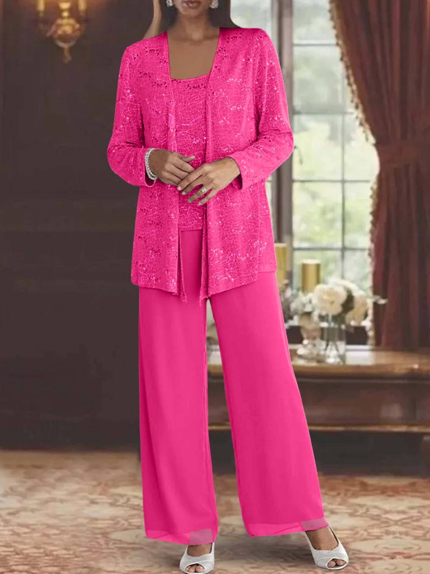Sequined Chiffon Pantsuits for the Mother of the Bride with Jacket-LLELLA