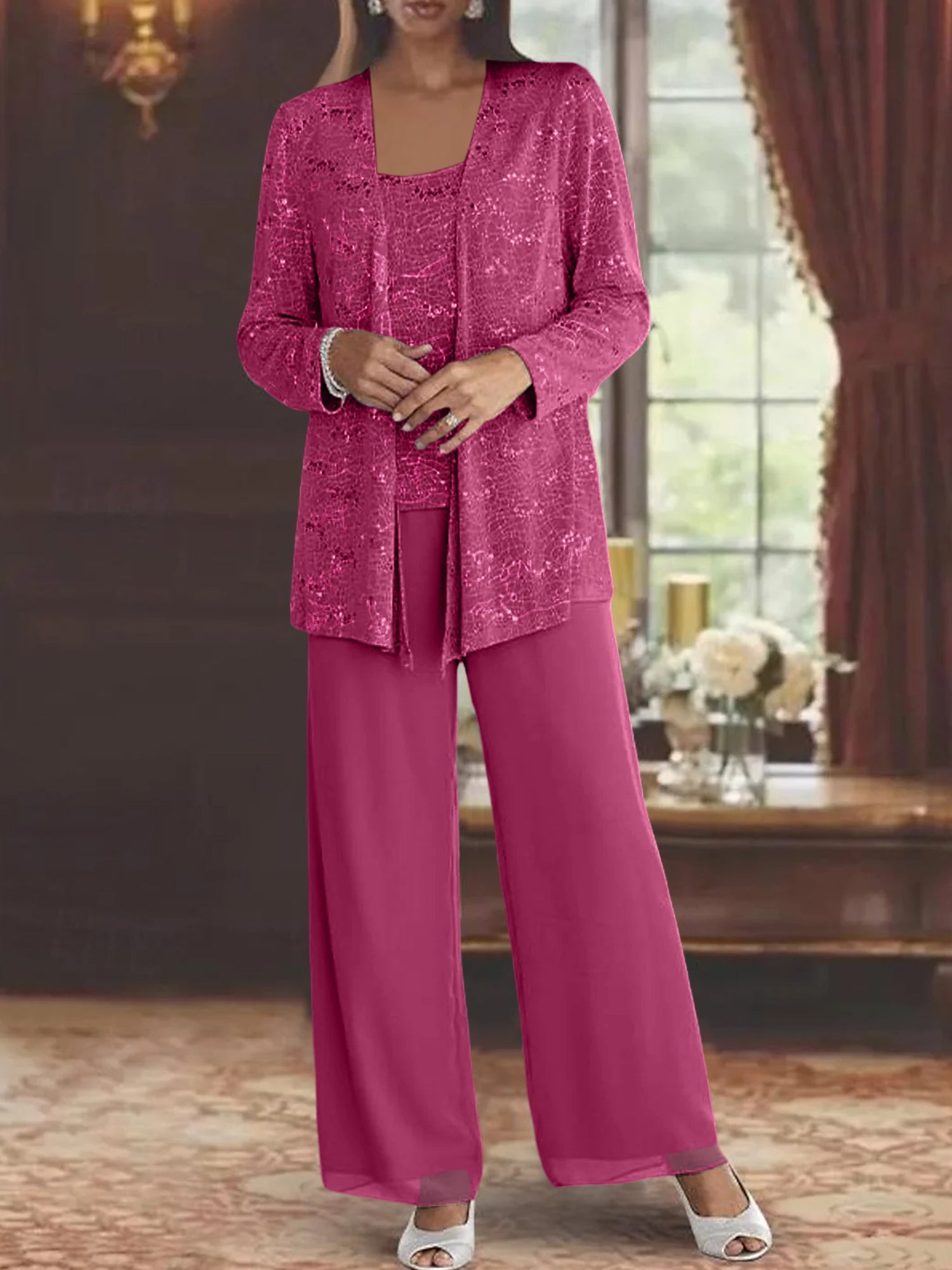 Sequined Chiffon Pantsuits for the Mother of the Bride with Jacket-LLELLA