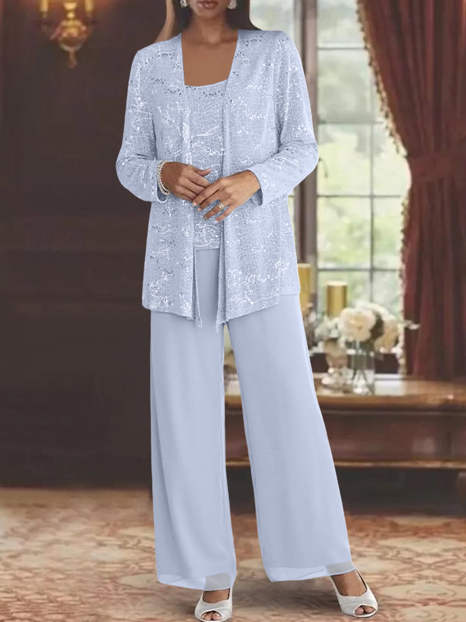 Sequined Chiffon Pantsuits for the Mother of the Bride with Jacket-LLELLA
