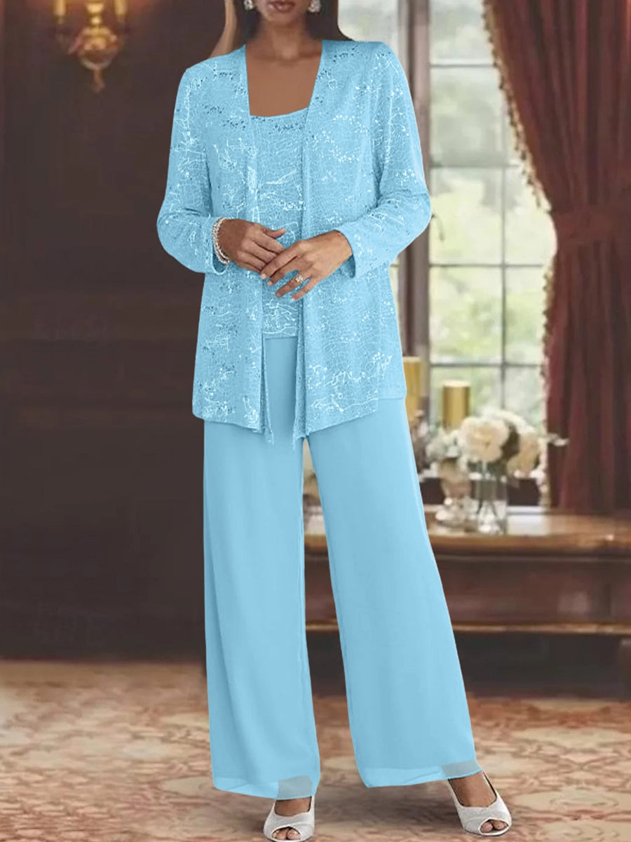 Sequined Chiffon Pantsuits for the Mother of the Bride with Jacket-LLELLA