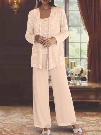 Sequined Chiffon Pantsuits for the Mother of the Bride with Jacket-LLELLA