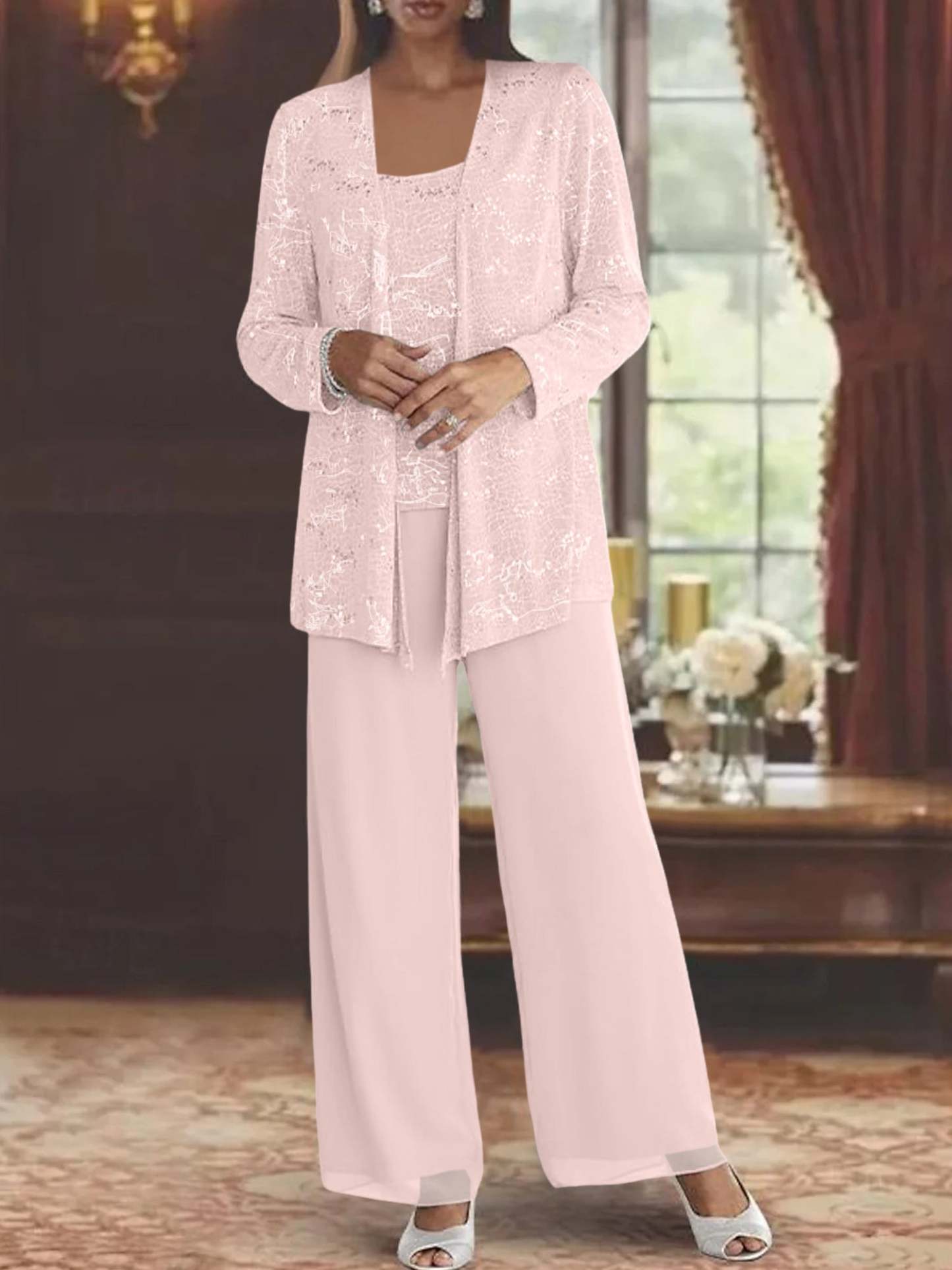 Sequined Chiffon Pantsuits for the Mother of the Bride with Jacket-LLELLA