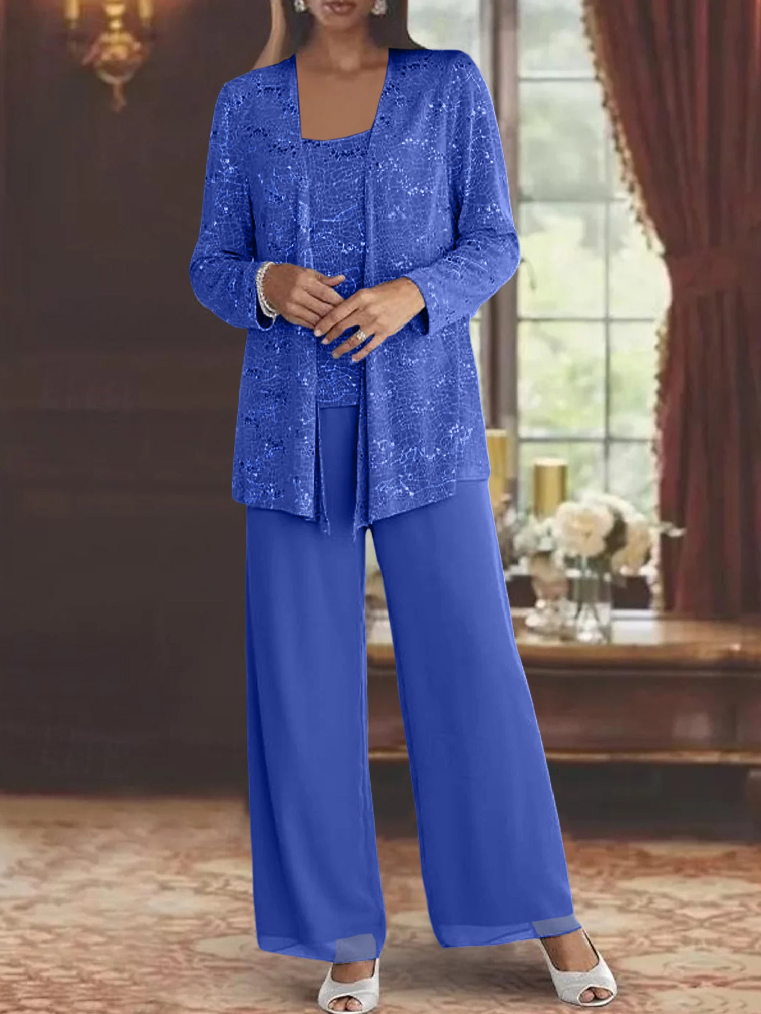 Sequined Chiffon Pantsuits for the Mother of the Bride with Jacket-LLELLA