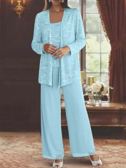 Sequined Chiffon Pantsuits for the Mother of the Bride with Jacket-LLELLA