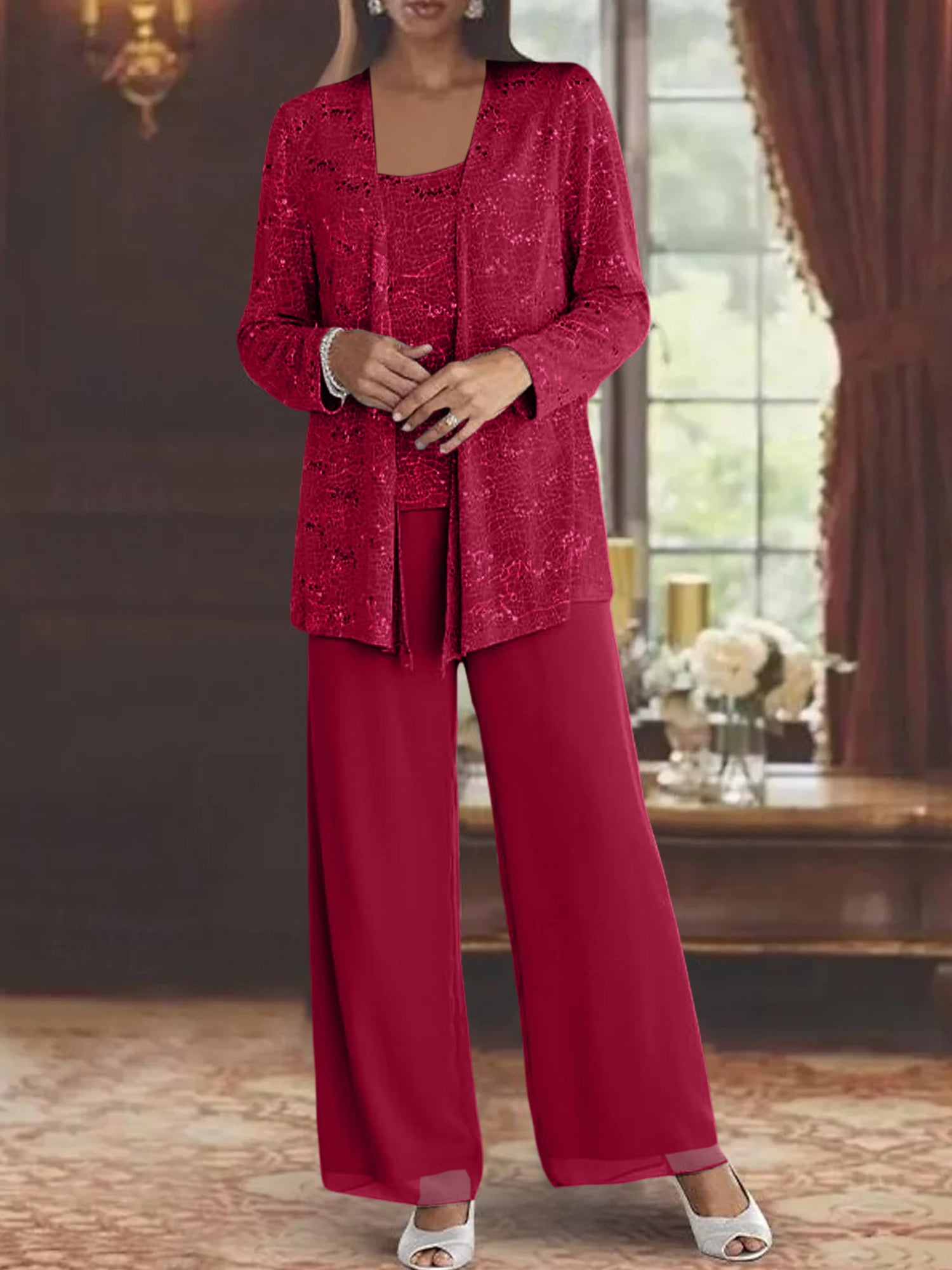Sequined Chiffon Pantsuits for the Mother of the Bride with Jacket-LLELLA