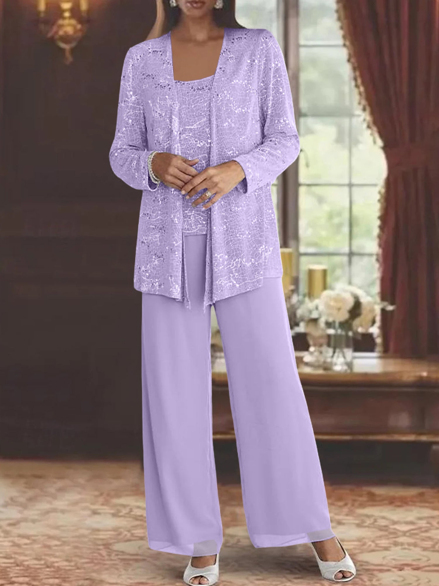 Sequined Chiffon Pantsuits for the Mother of the Bride with Jacket-LLELLA