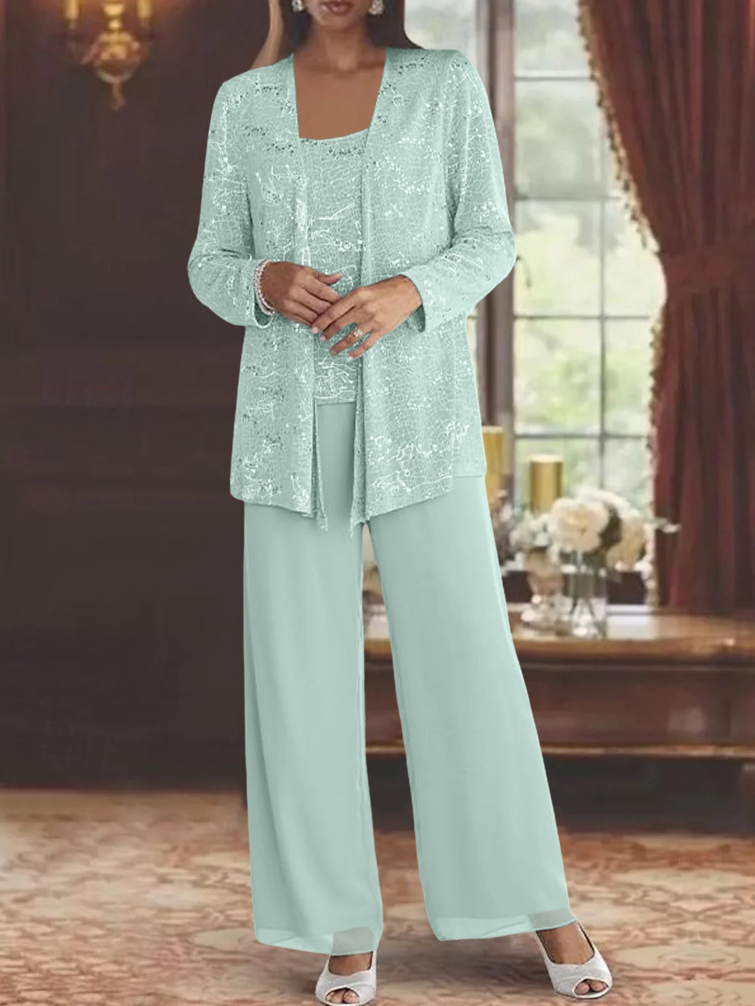 Sequined Chiffon Pantsuits for the Mother of the Bride with Jacket-LLELLA