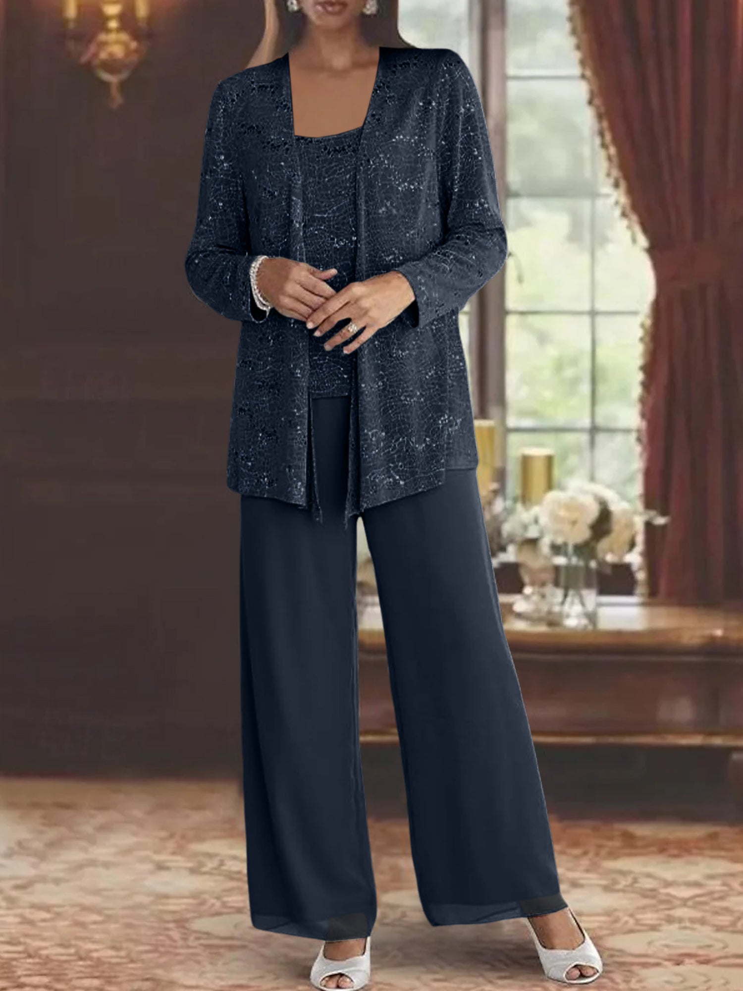 Sequined Chiffon Pantsuits for the Mother of the Bride with Jacket-LLELLA