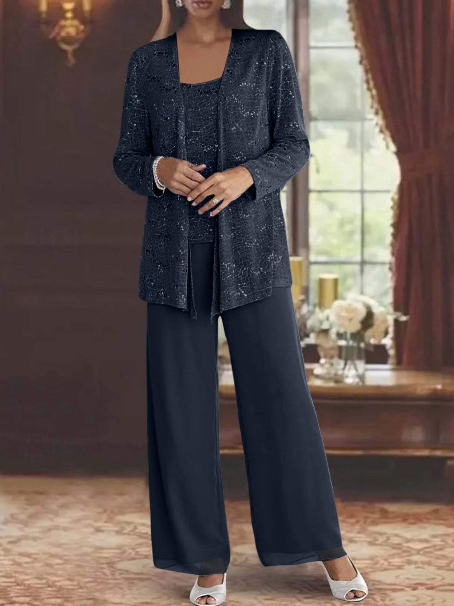 Sequined Chiffon Pantsuits for the Mother of the Bride with Jacket-LLELLA