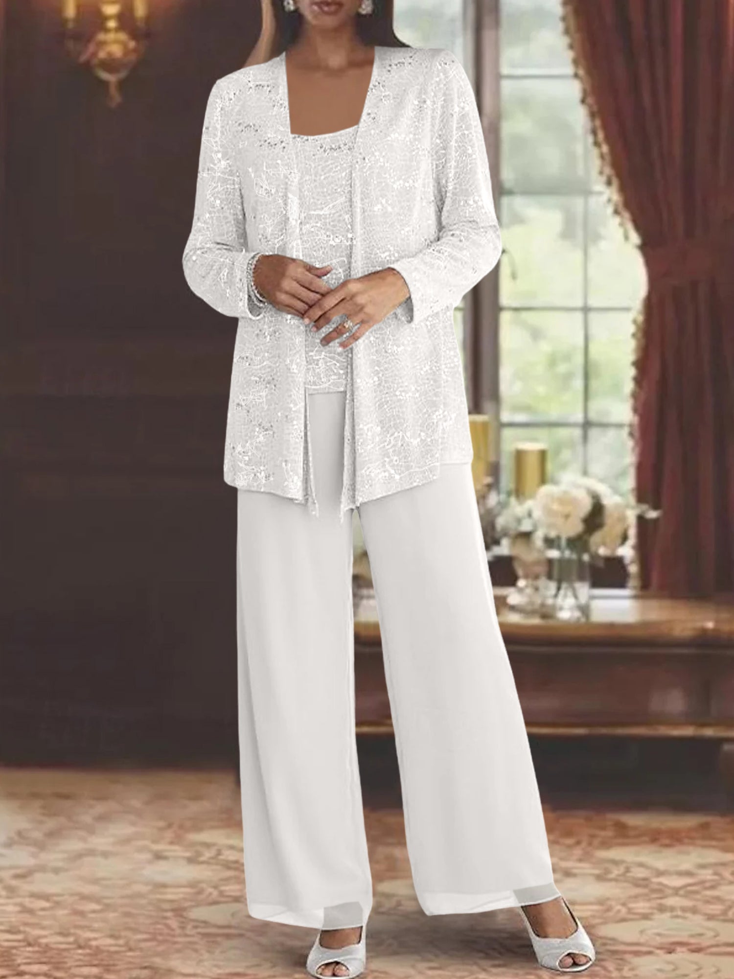 Sequined Chiffon Pantsuits for the Mother of the Bride with Jacket-LLELLA