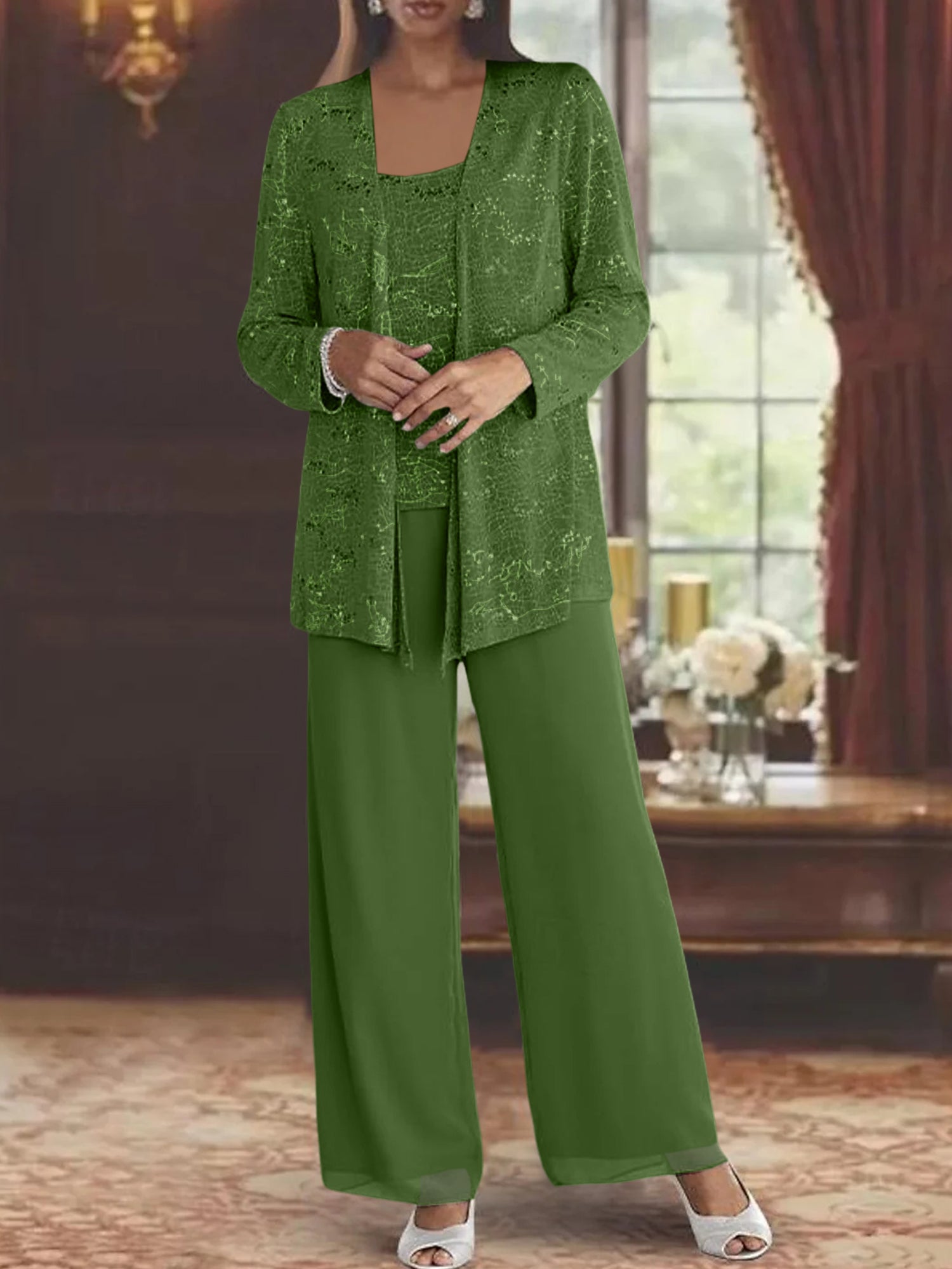 Sequined Chiffon Pantsuits for the Mother of the Bride with Jacket-LLELLA