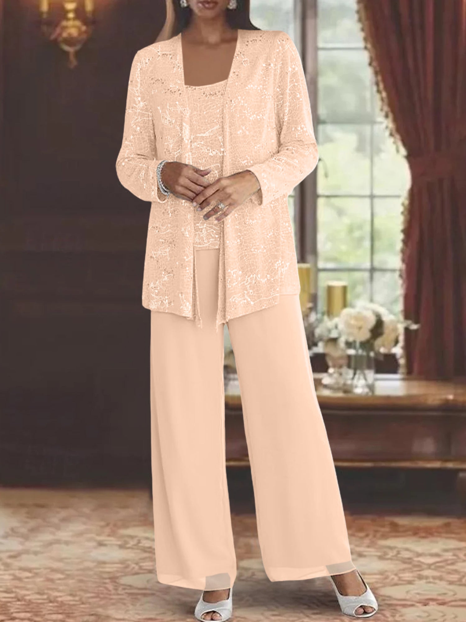 Sequined Chiffon Pantsuits for the Mother of the Bride with Jacket-LLELLA