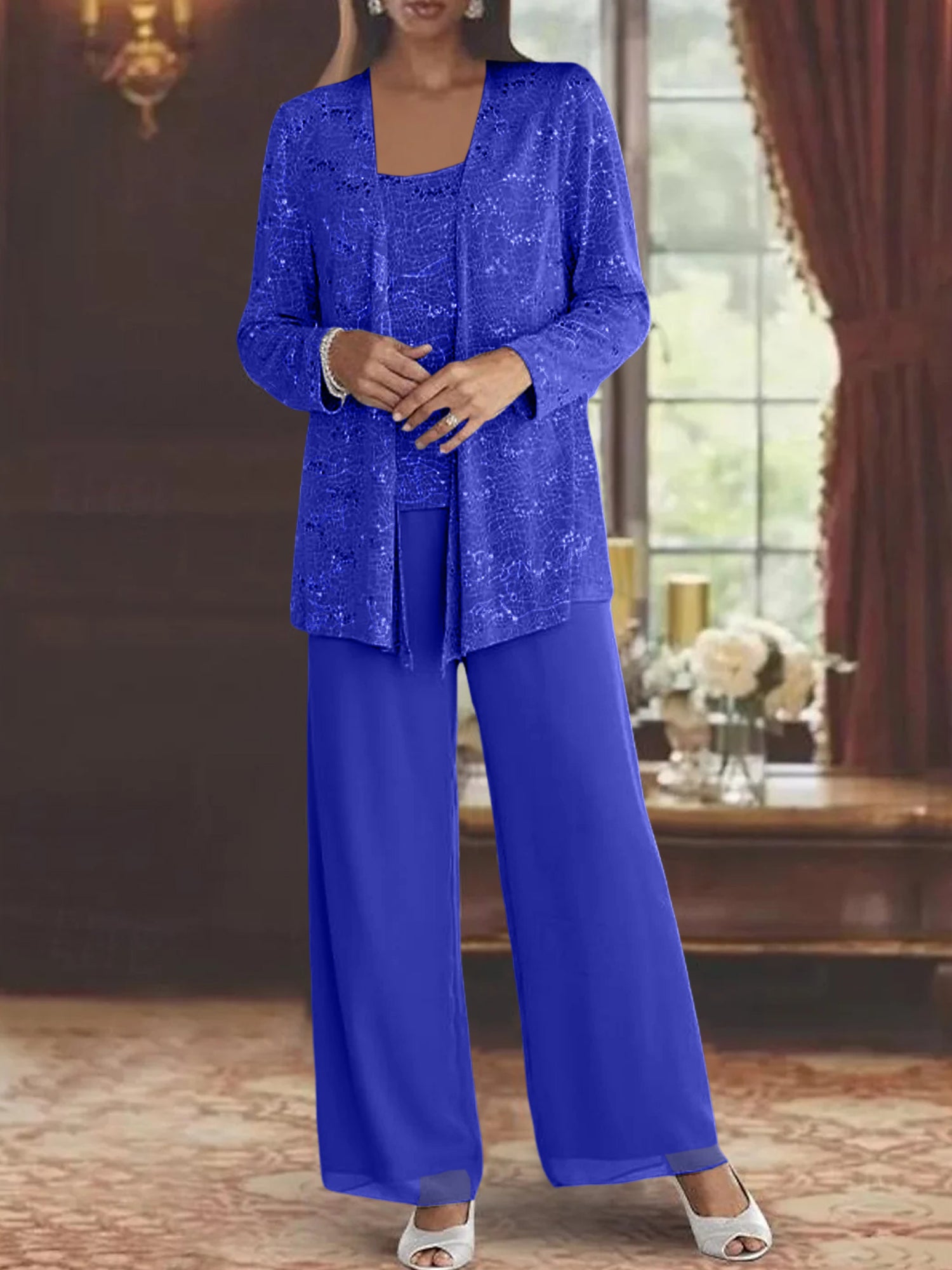 Sequined Chiffon Pantsuits for the Mother of the Bride with Jacket-LLELLA