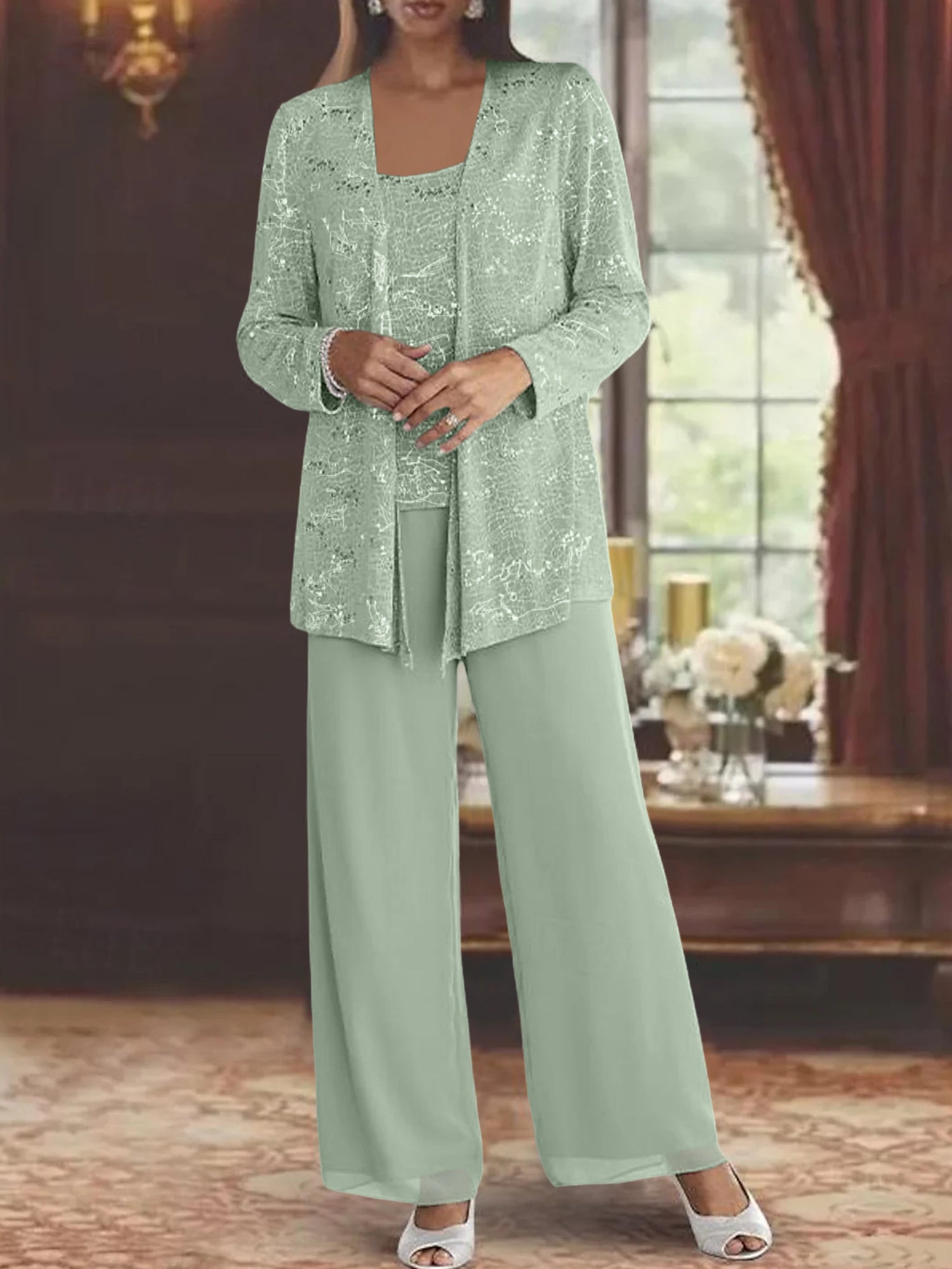 Sequined Chiffon Pantsuits for the Mother of the Bride with Jacket-LLELLA