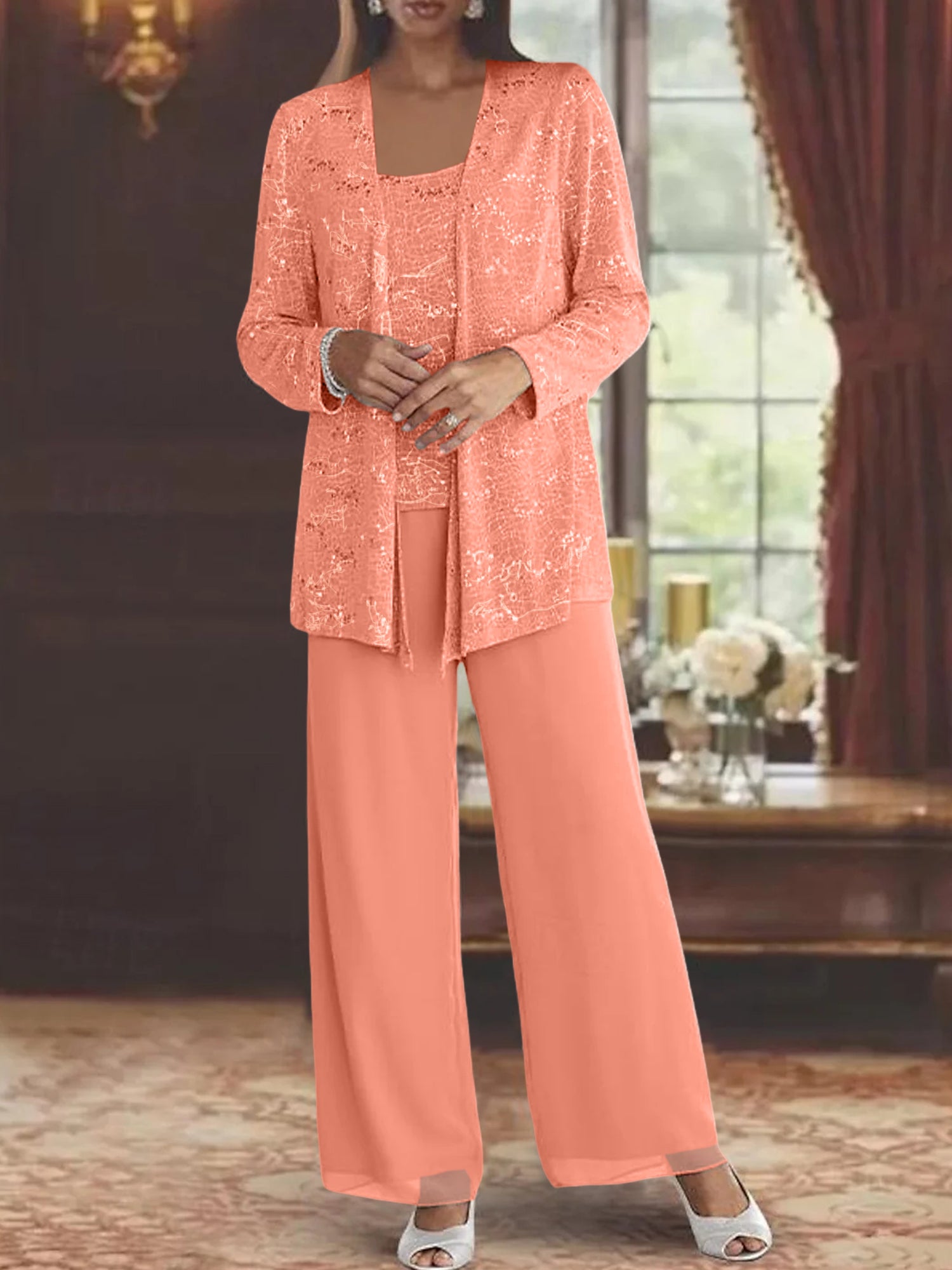 Sequined Chiffon Pantsuits for the Mother of the Bride with Jacket-LLELLA
