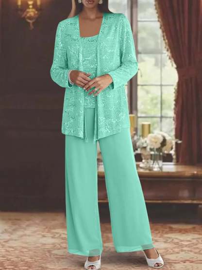 Sequined Chiffon Pantsuits for the Mother of the Bride with Jacket-LLELLA