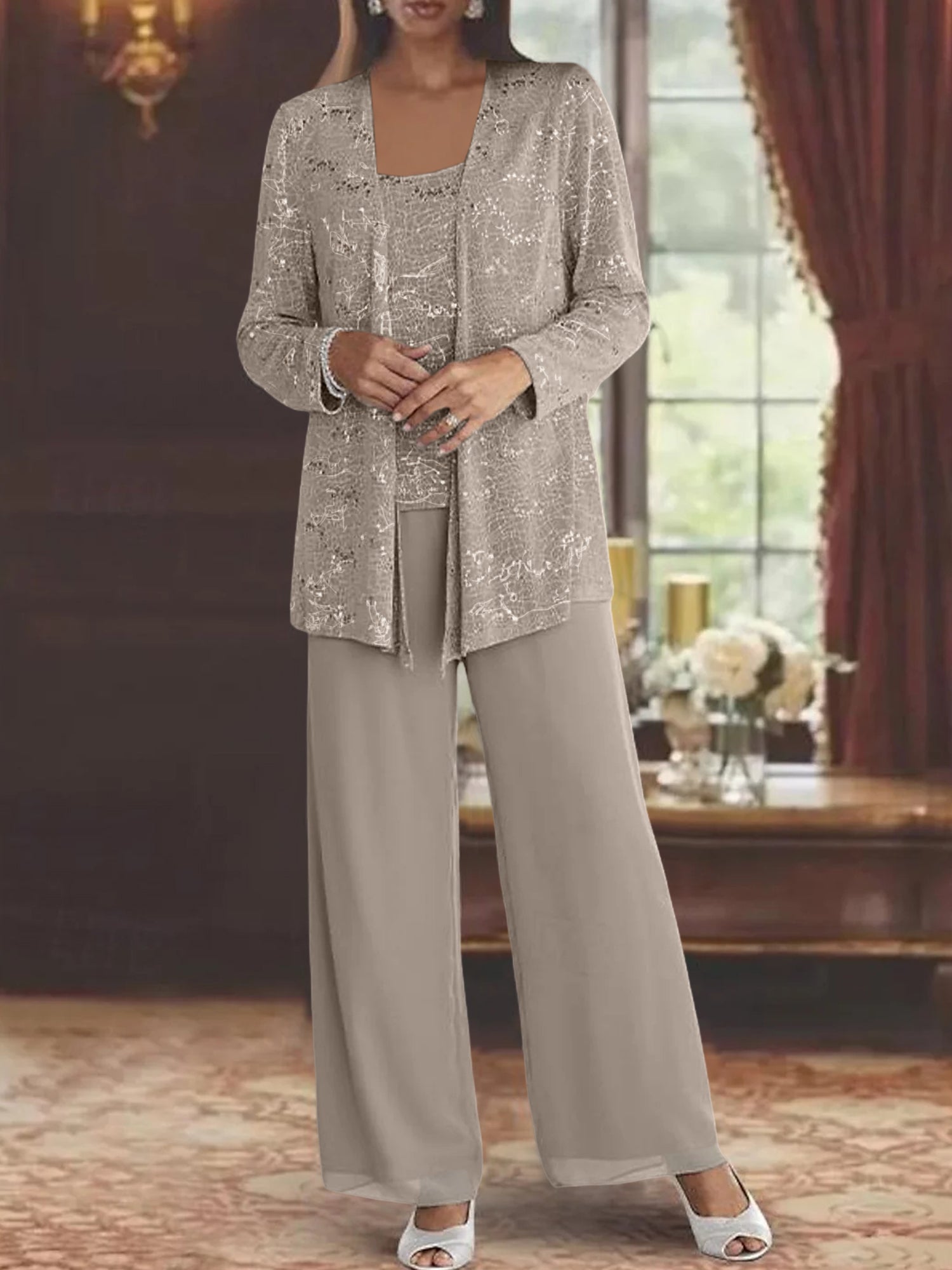 Sequined Chiffon Pantsuits for the Mother of the Bride with Jacket-LLELLA
