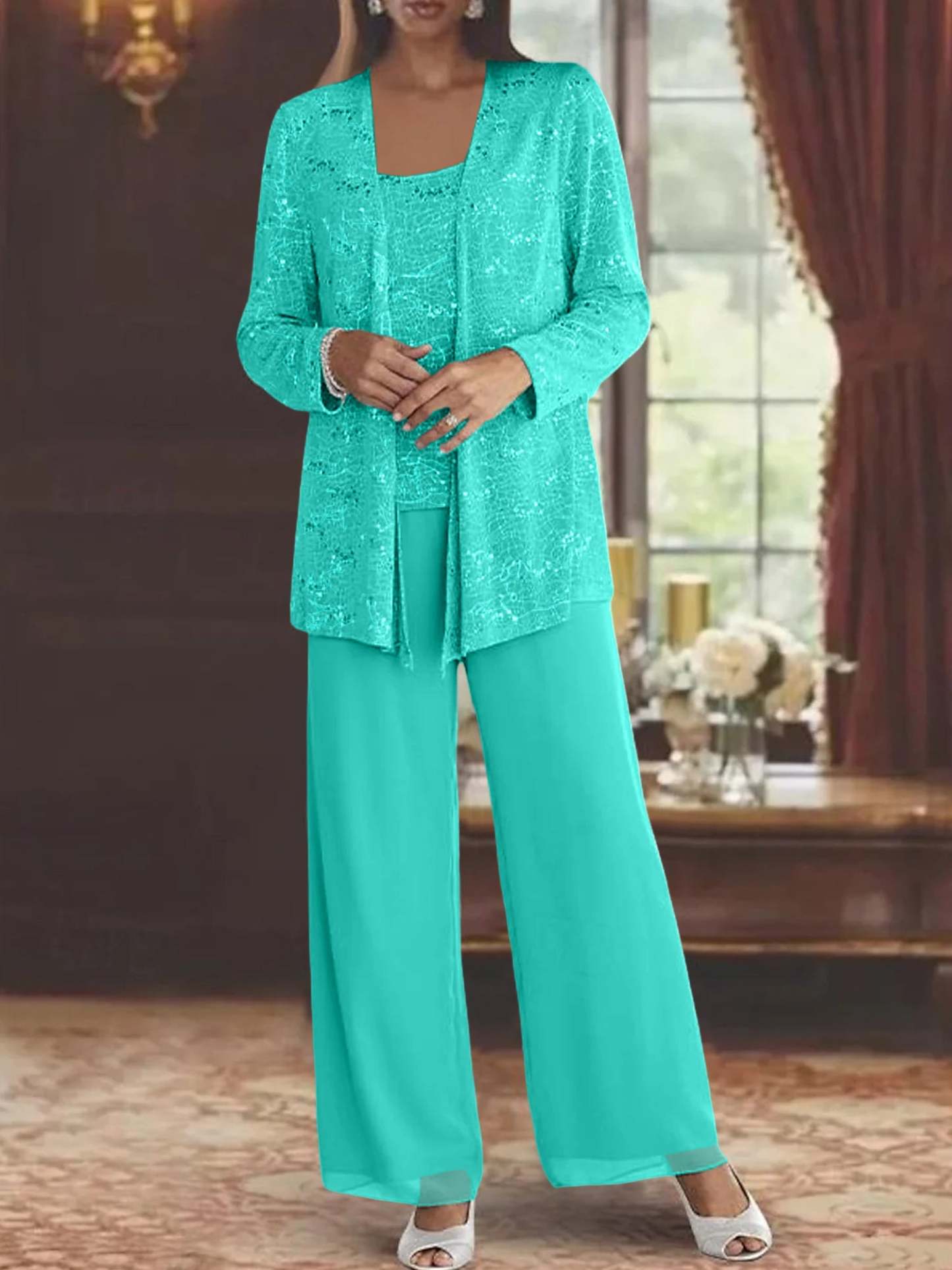 Sequined Chiffon Pantsuits for the Mother of the Bride with Jacket-LLELLA