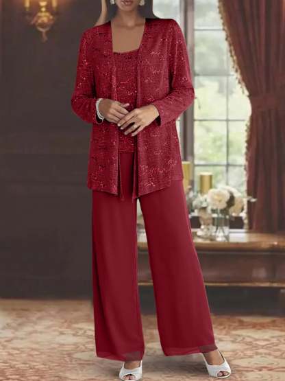 Sequined Chiffon Pantsuits for the Mother of the Bride with Jacket-LLELLA
