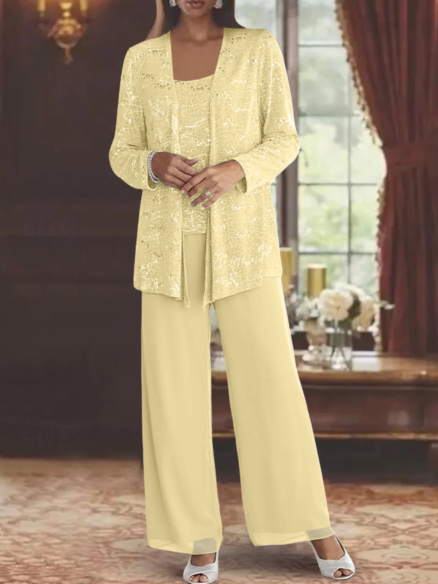 Sequined Chiffon Pantsuits for the Mother of the Bride with Jacket-LLELLA